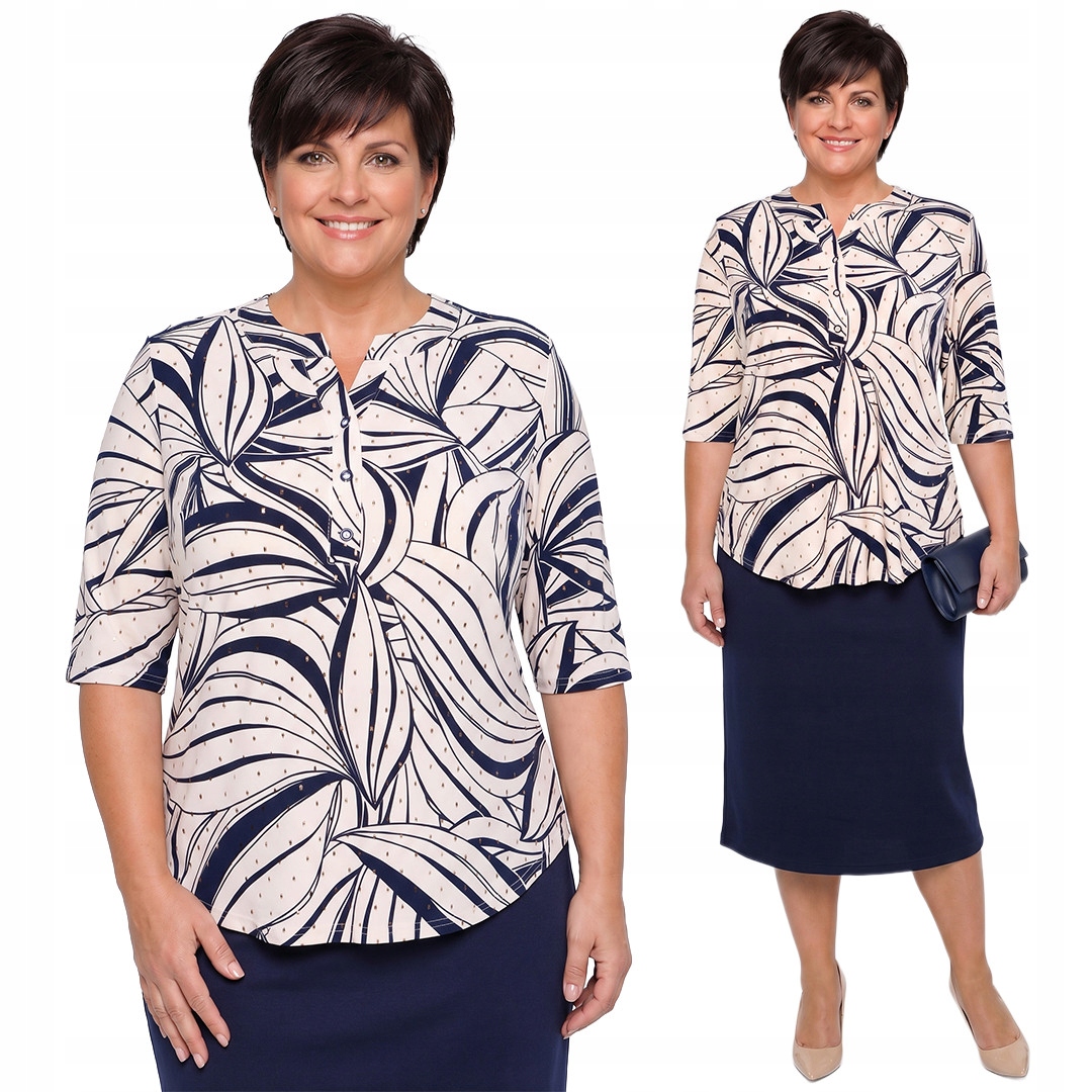 Béžová halenka s modrými vzory a zlatými puntíky plus size velikost 58