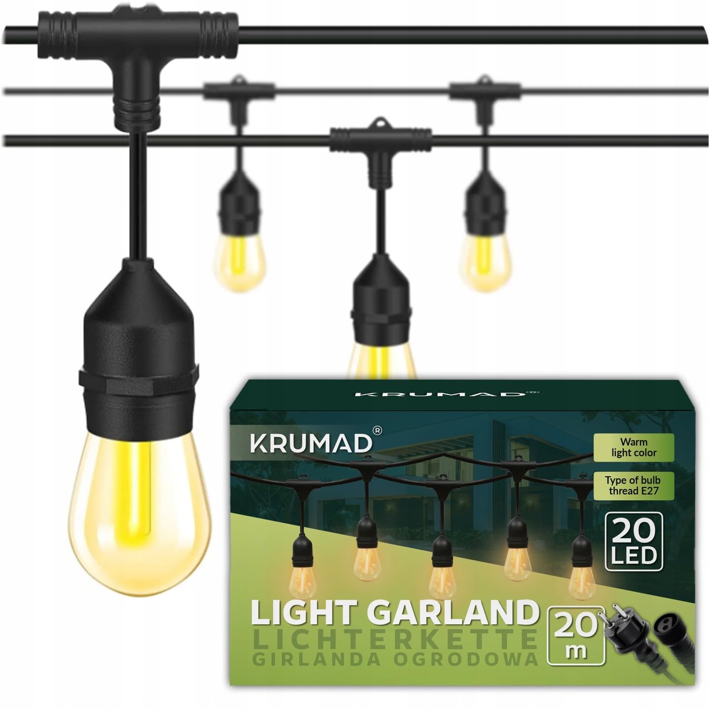 KRUMAD Lampa LED Zewnętrzna 20m E27 Ciepła Biała IP44 Ogród Balkon Taras — miniatura 9