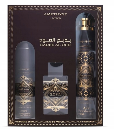 Zestaw Lattafa Bade'e Al Oud Amethyst 100ML Edp DEO200ML Air FRESHENER300ML