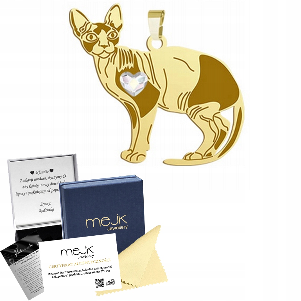 Zlatý přívěsek s kočkou Sphynx 925 Dárek Šperky Žena Gravírování Bonus