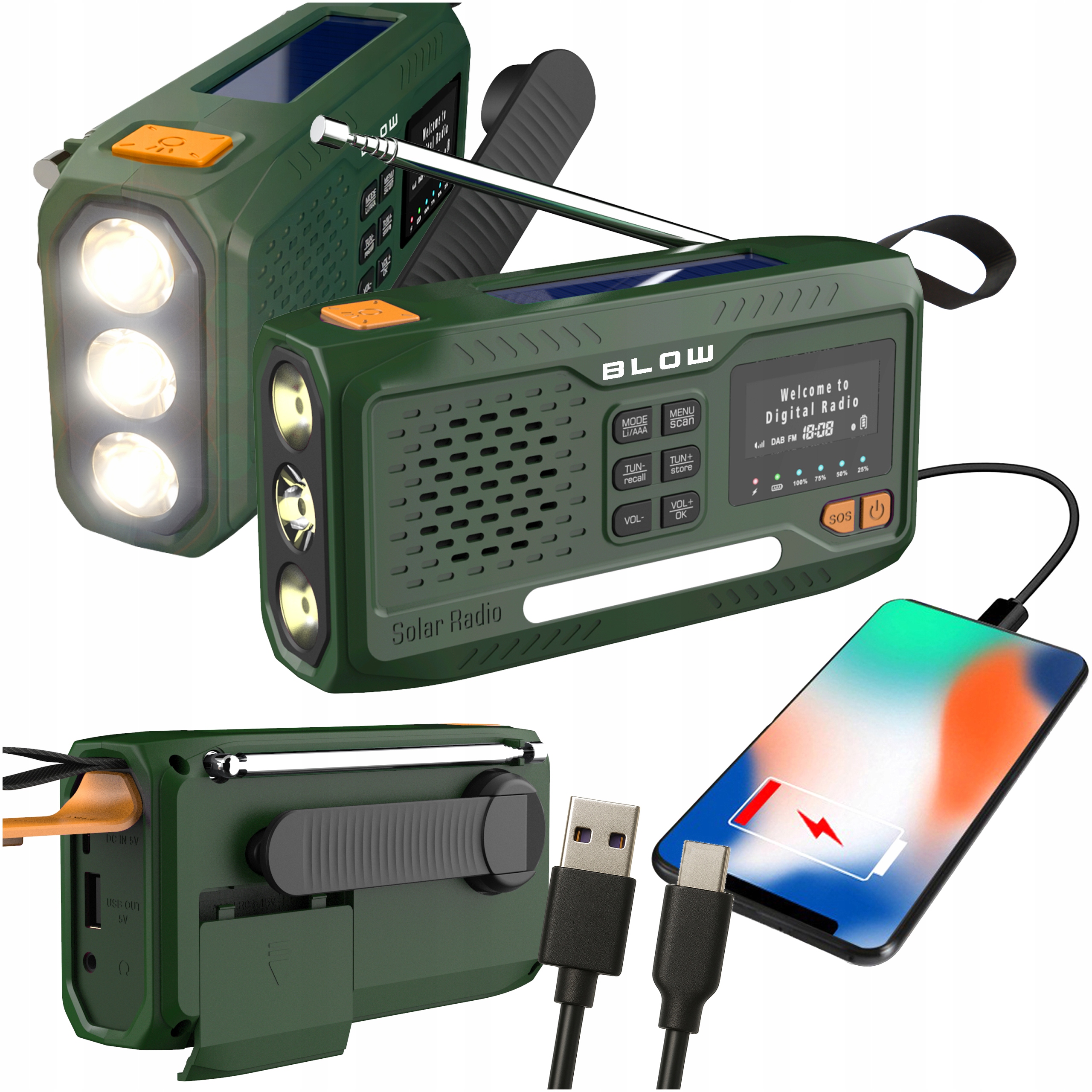 Radio Na Korbkę Przenośne Fm Dab+ Bluetooth Solar Dynamo Powerbank 4500mAh