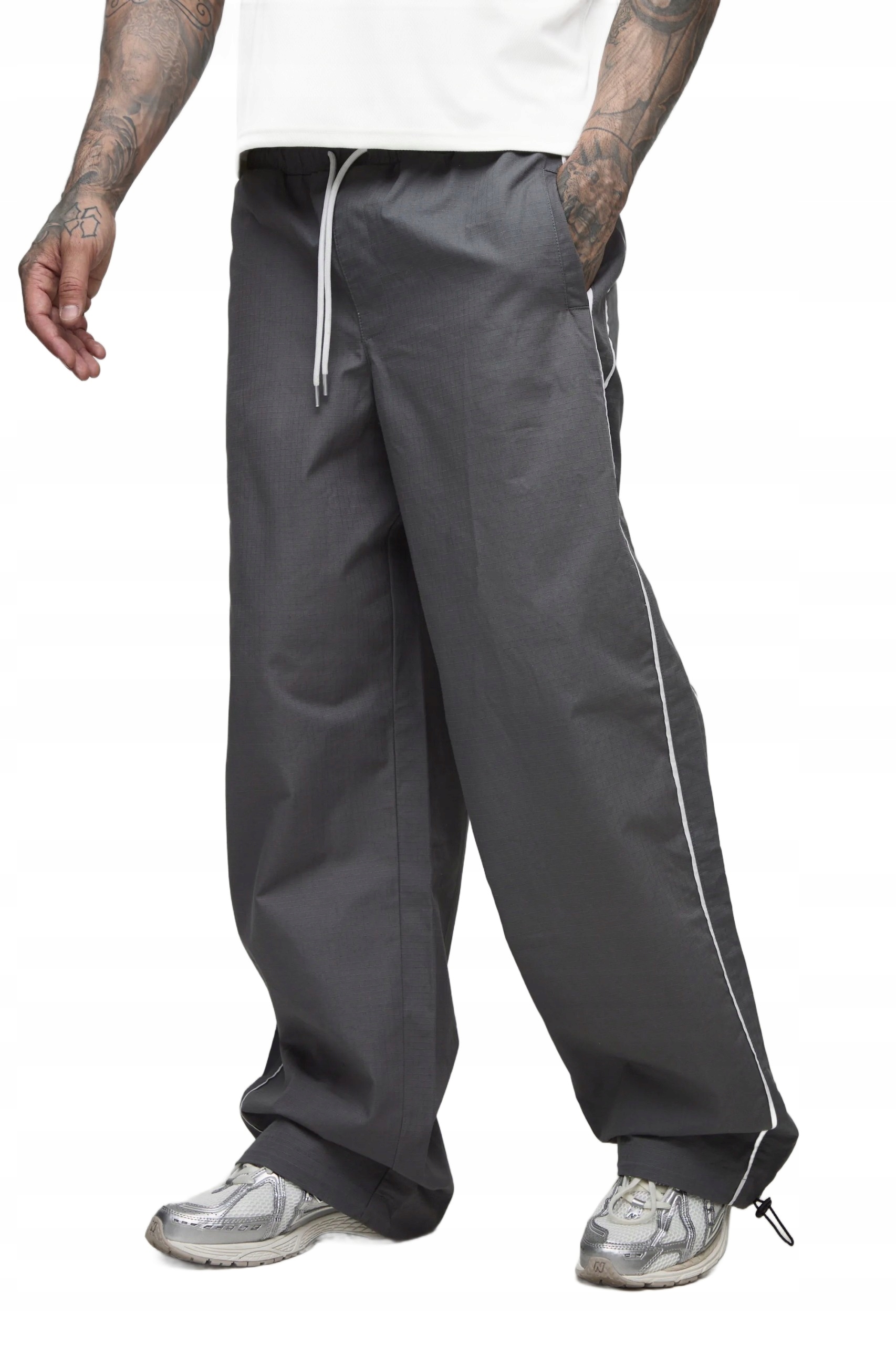 Boohooman Šedé Pánské Ležérní Kalhoty S Bílými Lampasy, Jednoduché, Z3A