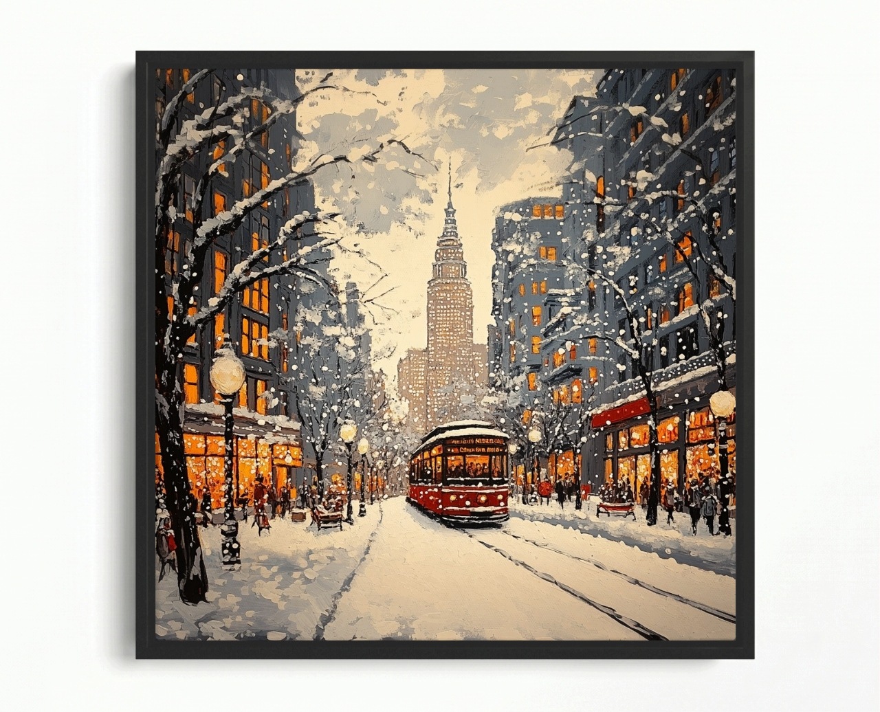 Obraz Rama American Box Zimowý Krajina Město Tramvaj Sníh Mrakodrap 50x50