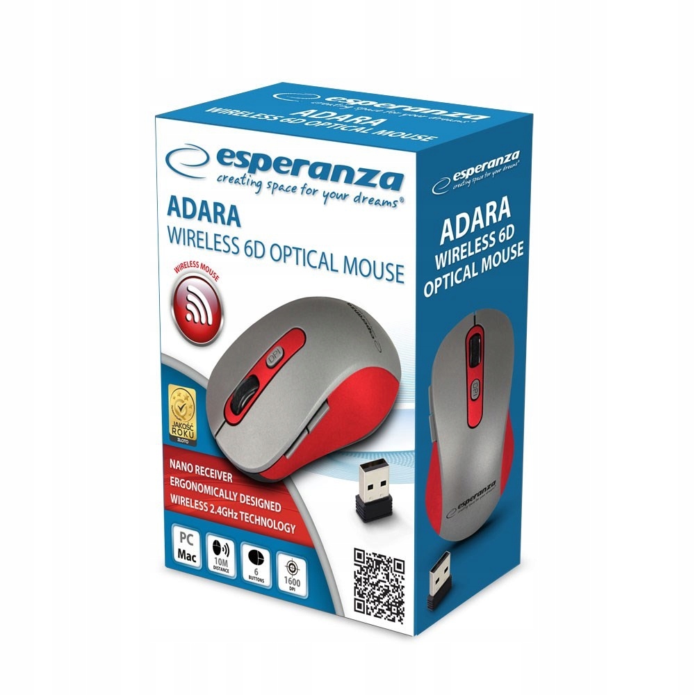 Esperanza Mysz Bezprzewodowa 2.4GHZ Adara Czerwona EM131R