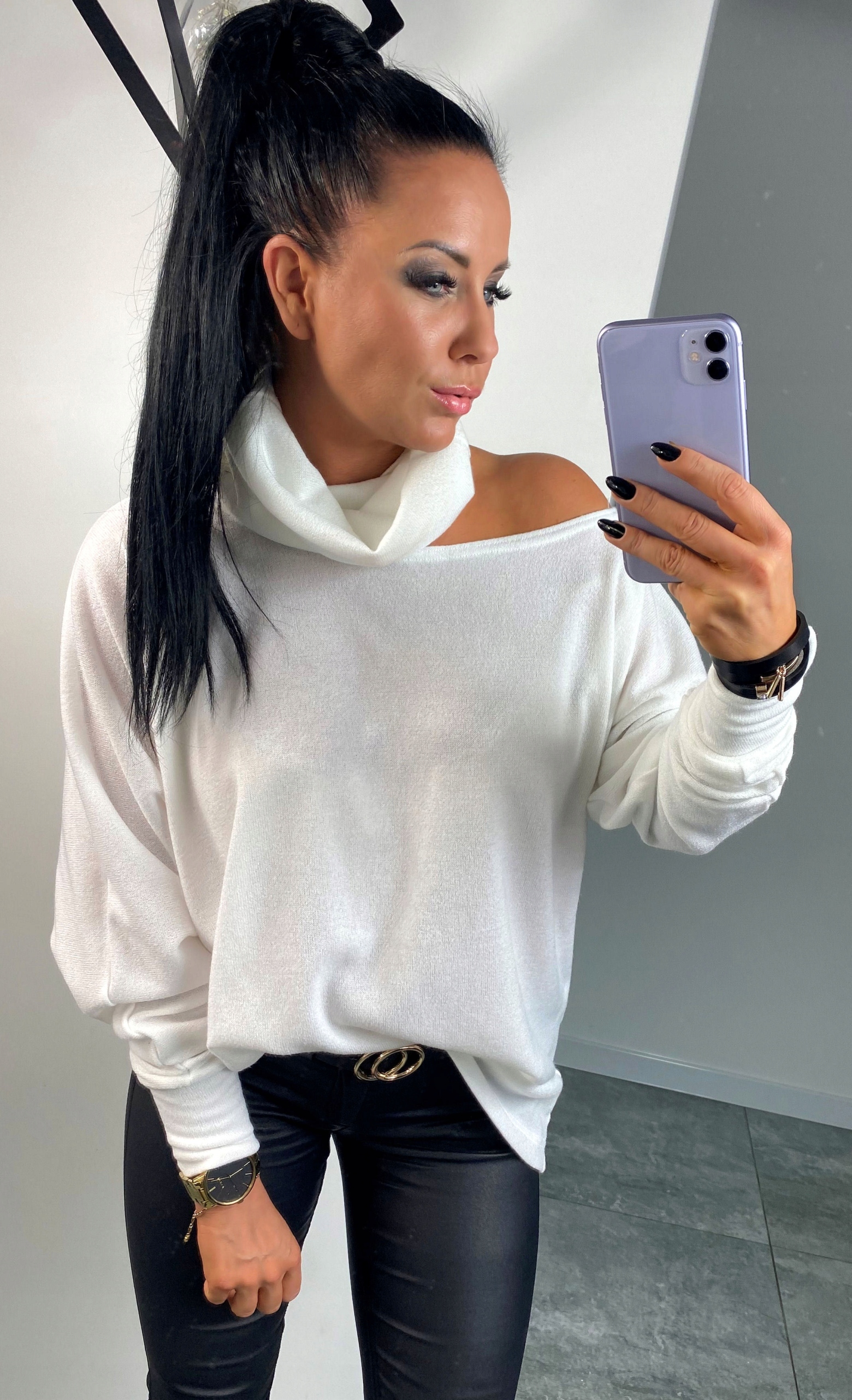 LipMar oryginalny sweter golf odkryte ramie L 40 Wzór dominujący bez wzoru