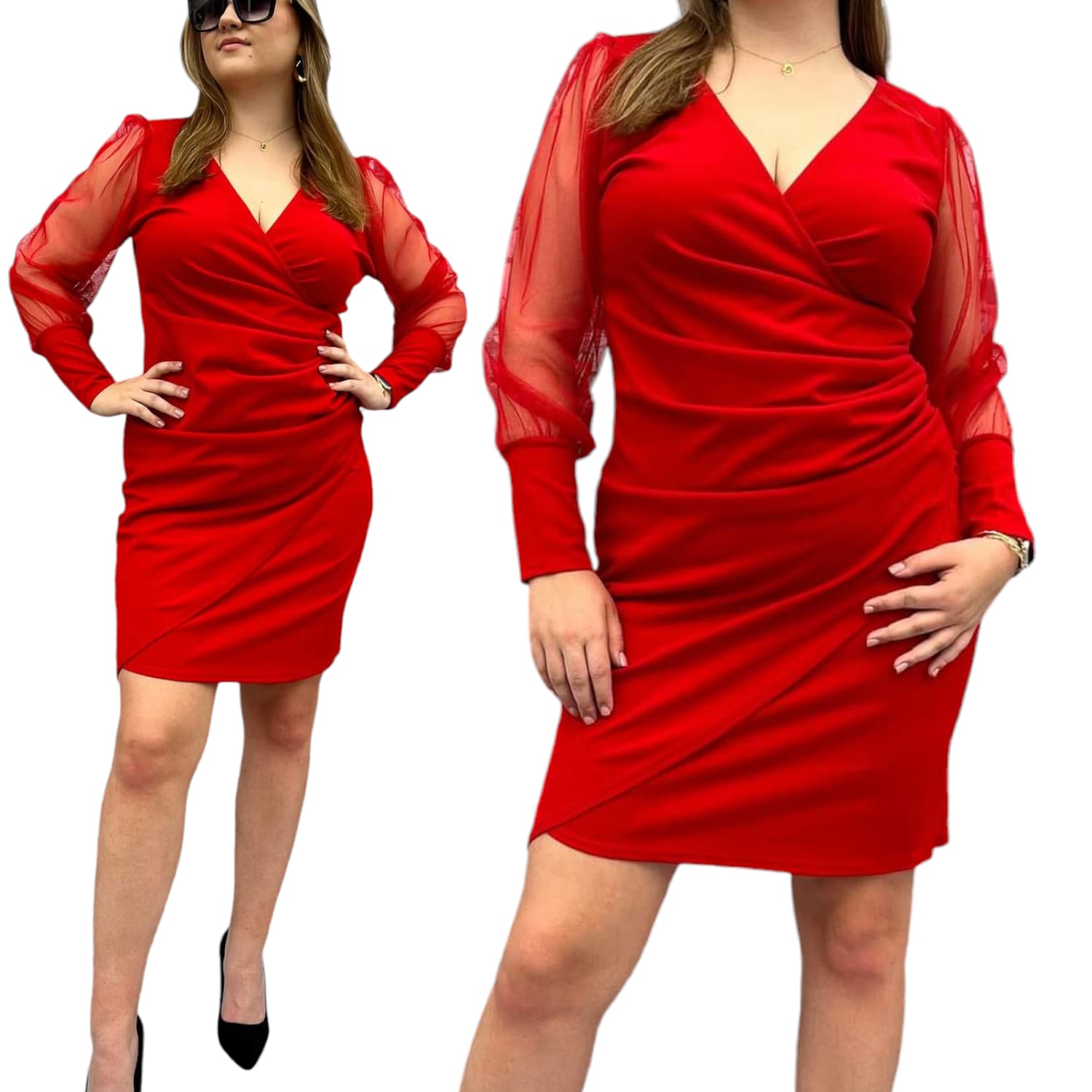 V707 Večerní Šaty Obálková Tylová Rukavice Červená vel. 42 (XL)