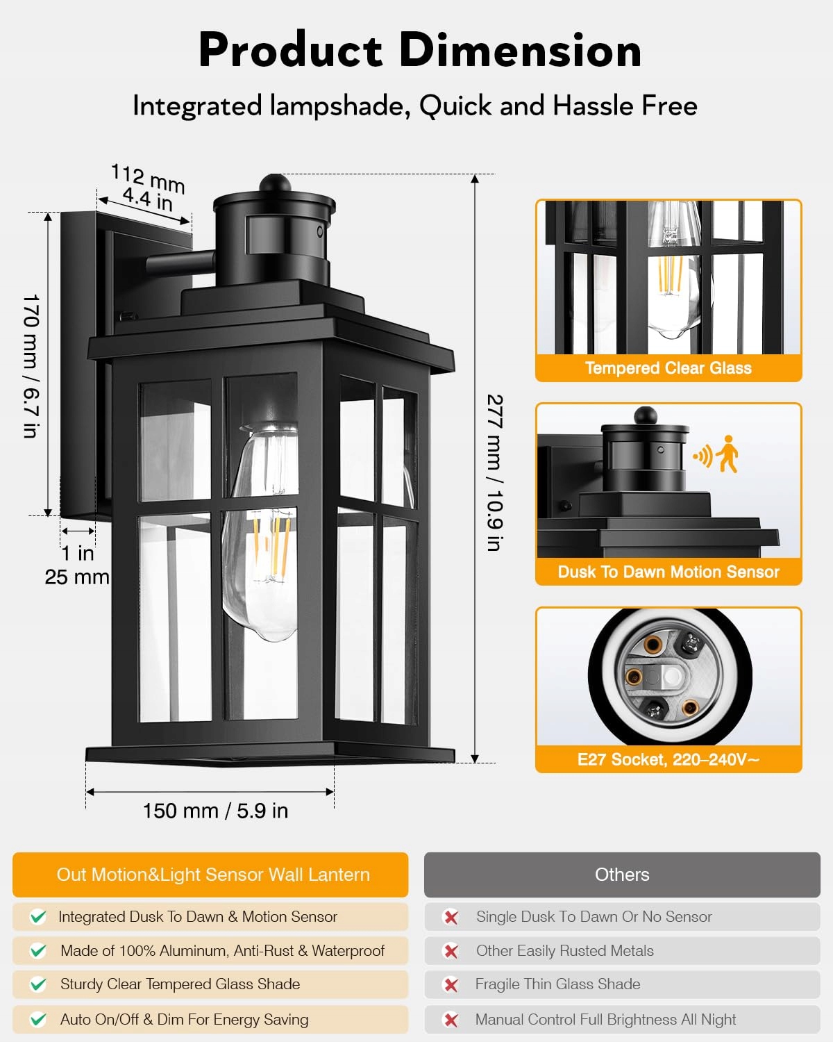 OPAXIS Czujnik Ruchu Zewnętrzna Lampa Ścienna Aluminiowa Wodoodporna — miniatura 8