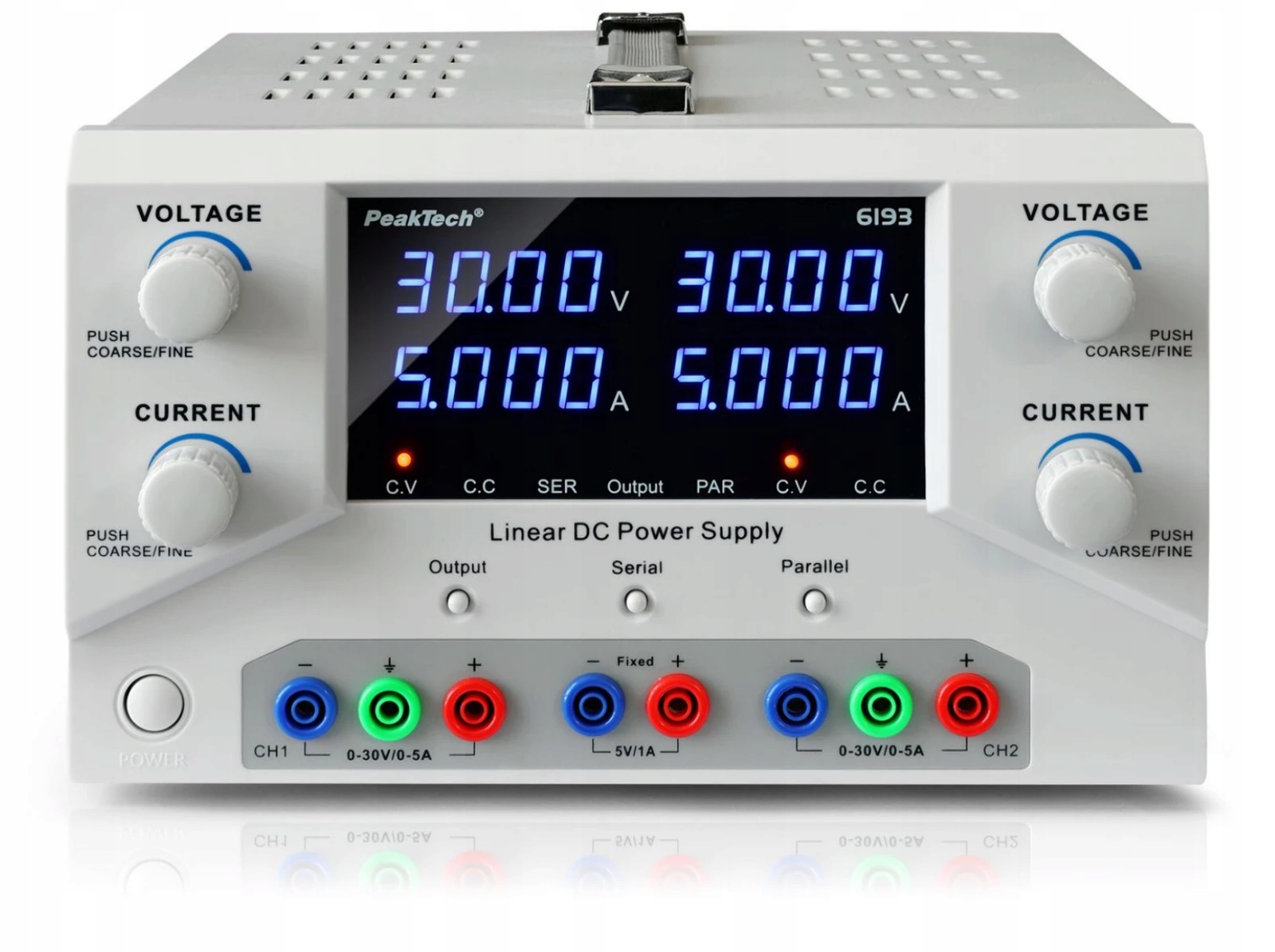 Laboratorní servisní napájecí zdroj Dvoukanálový 2x30V 5A PeakTech dílenský