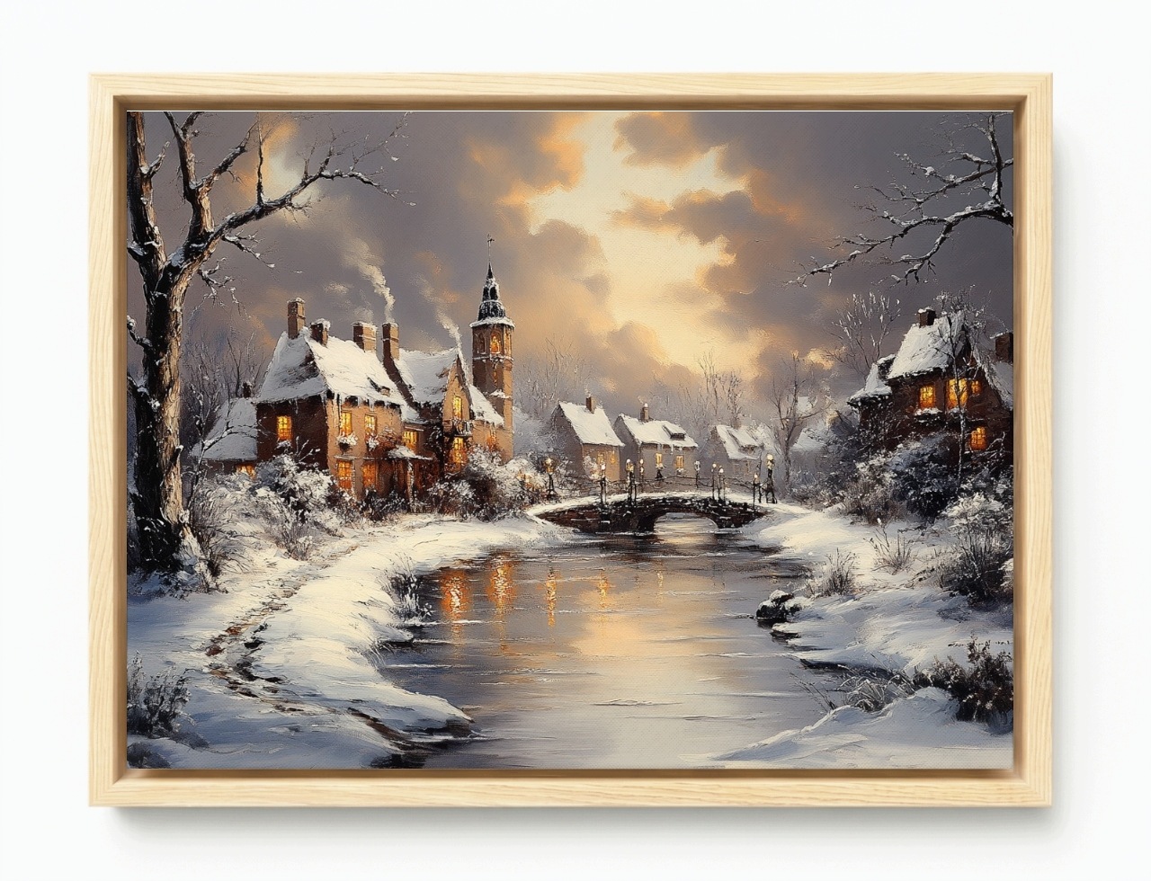 Obraz Rám American Box Pejzaž Mesto Rieka Domy Zima Sneh Most 80x60