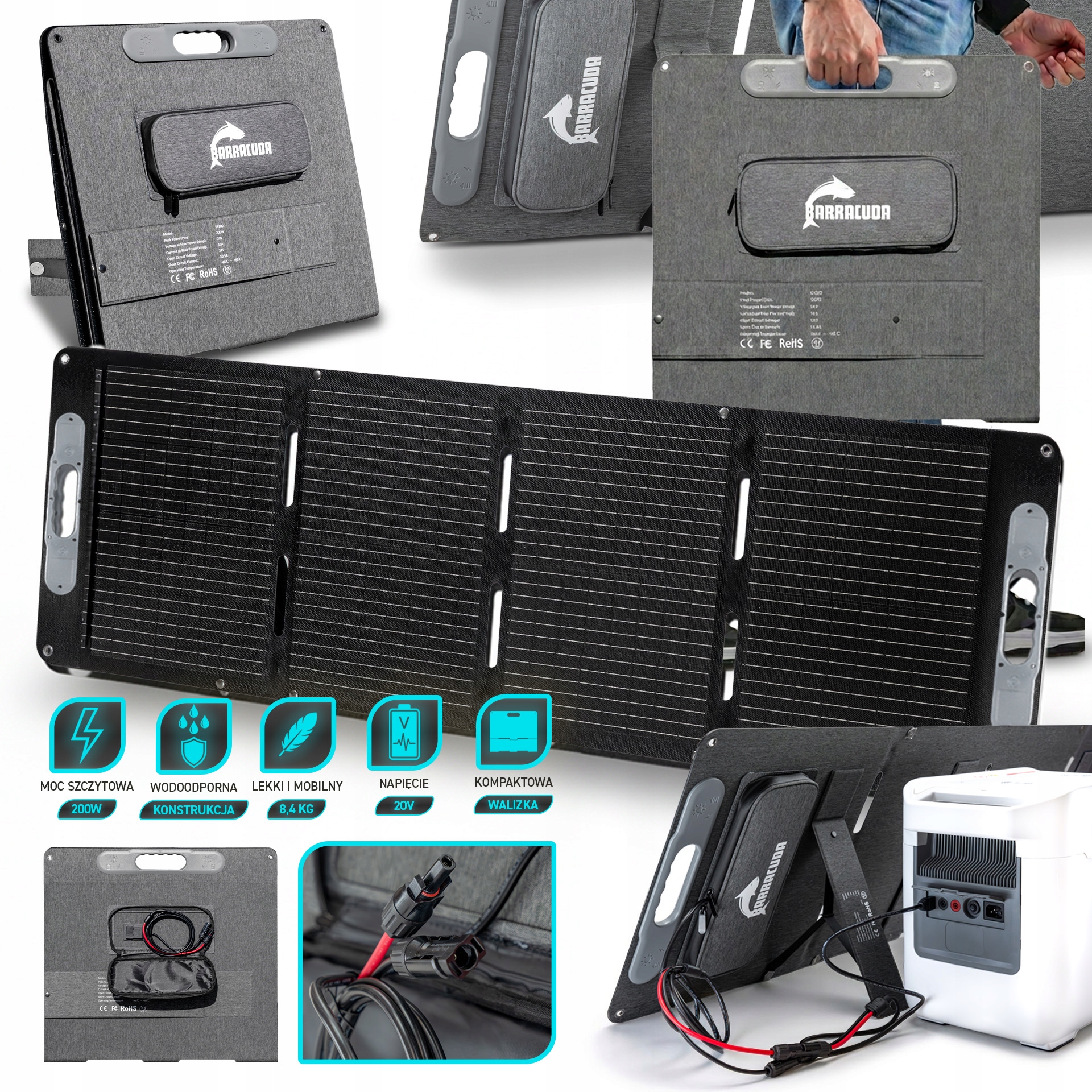 Składany Panel Solarny 200W Przenośna ładowarka solarna Złącza MC4 IP67