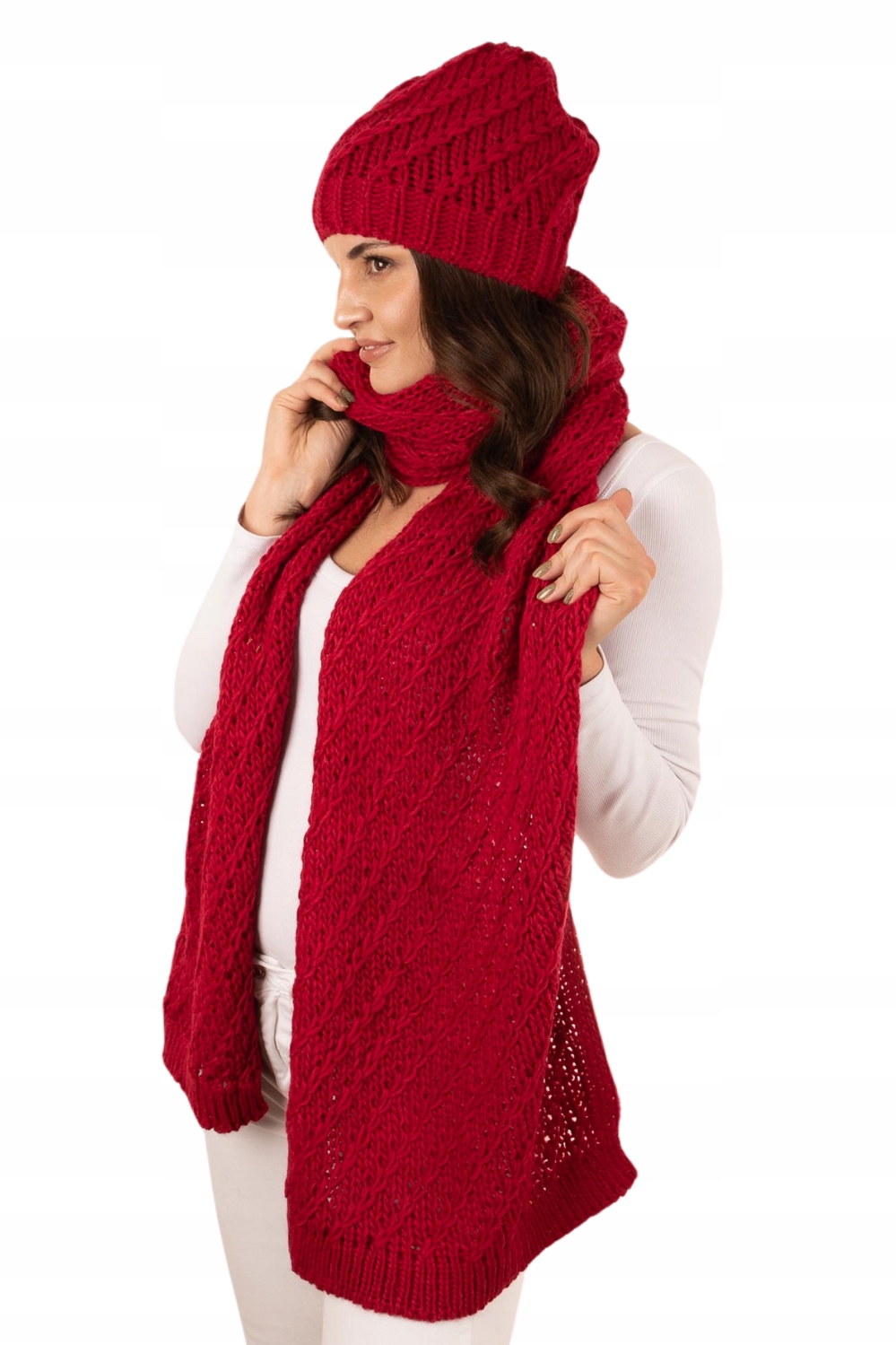 Šála Čepice Beanie Dámský Komplet Ženská 10% Vlna Červená