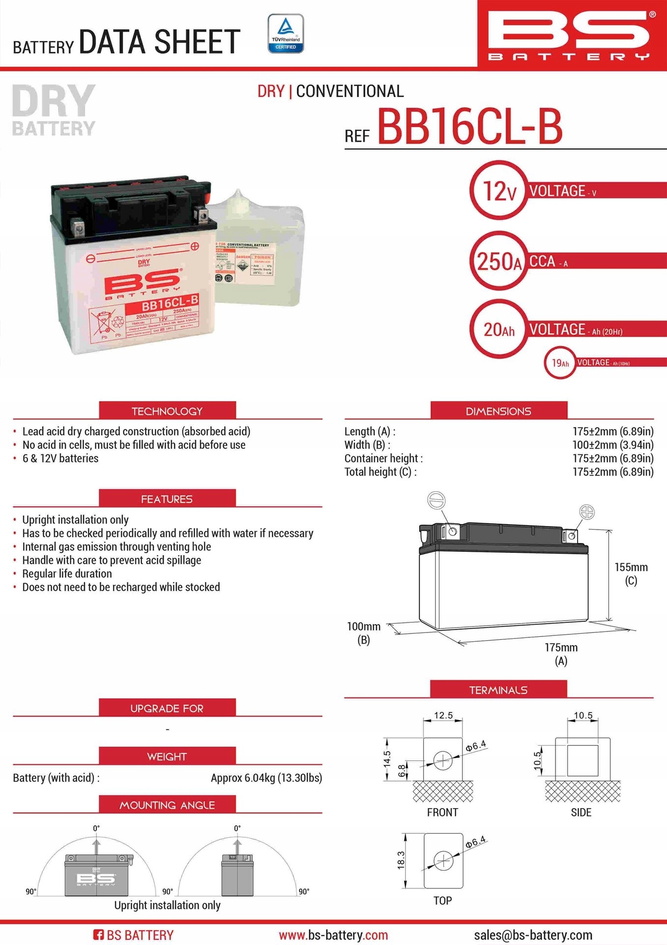 Bs Batéria BB16CL-B (YB16CL-B) 12V 19AH 175X100X175 Podpora Elektrol