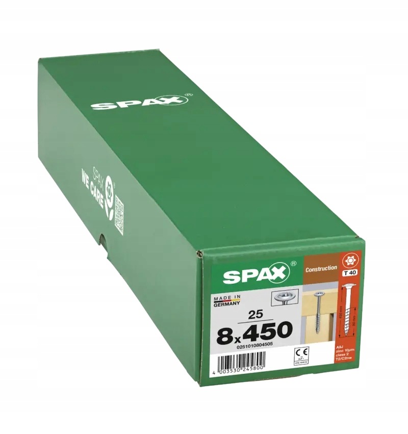 Tesařské vruty Spax na dřevo 8x450 mm, talířová hlava, Wirox 25 Ks.