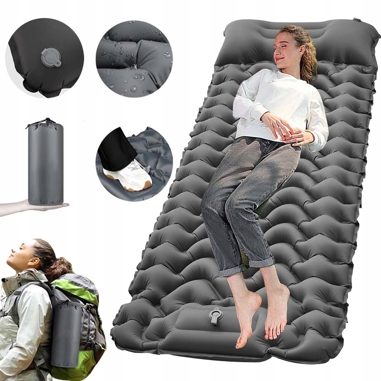 Materac Dmuchany Turystyczny Z Poduszką Kempingowy Zwijana Mata Pod Namiot