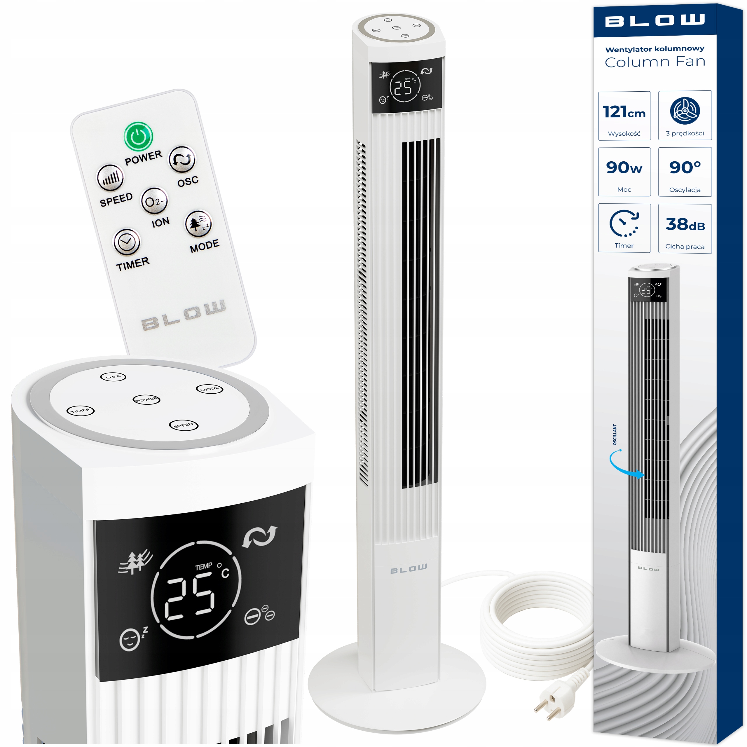 WENTYLATOR KOLUMNOWY PODŁOGOWY STOJĄCY WIATRAK CICHY JONIZATOR PILOT 121CM