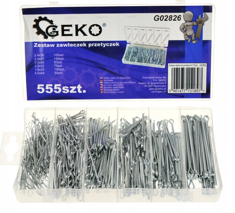 

Zestaw zawleczek przetyczek 555szt. Geko G02826