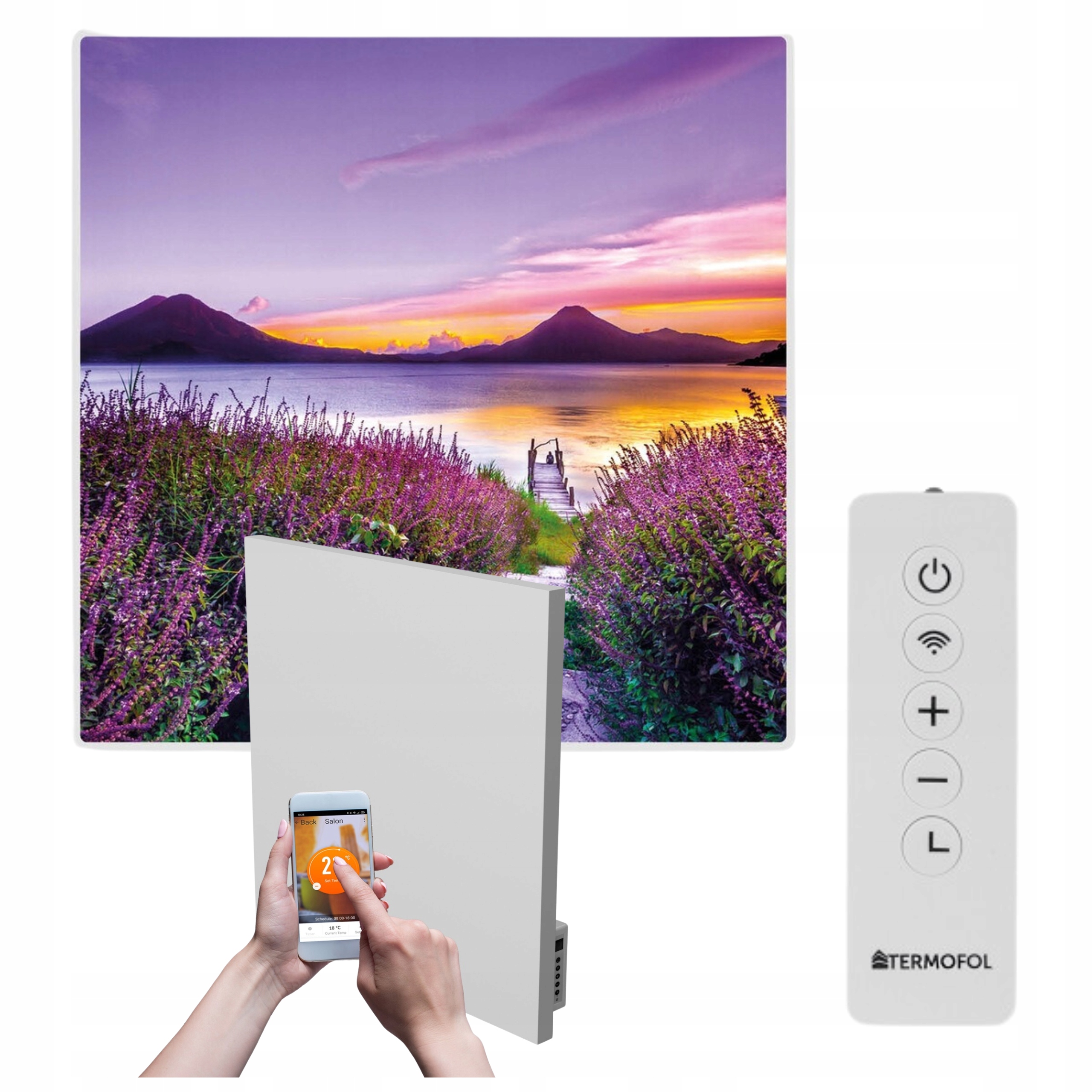 Infračervený ohrievač obraz hory jazero západ slnka 350 W 60x60 cm WiFi