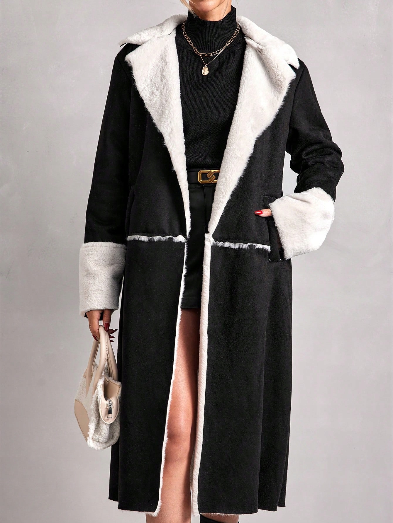 KOŻUCH ZAMSZOWY DŁUGI PŁASZCZ WIĄZANY CZARNY CASUAL SHEIN L 40