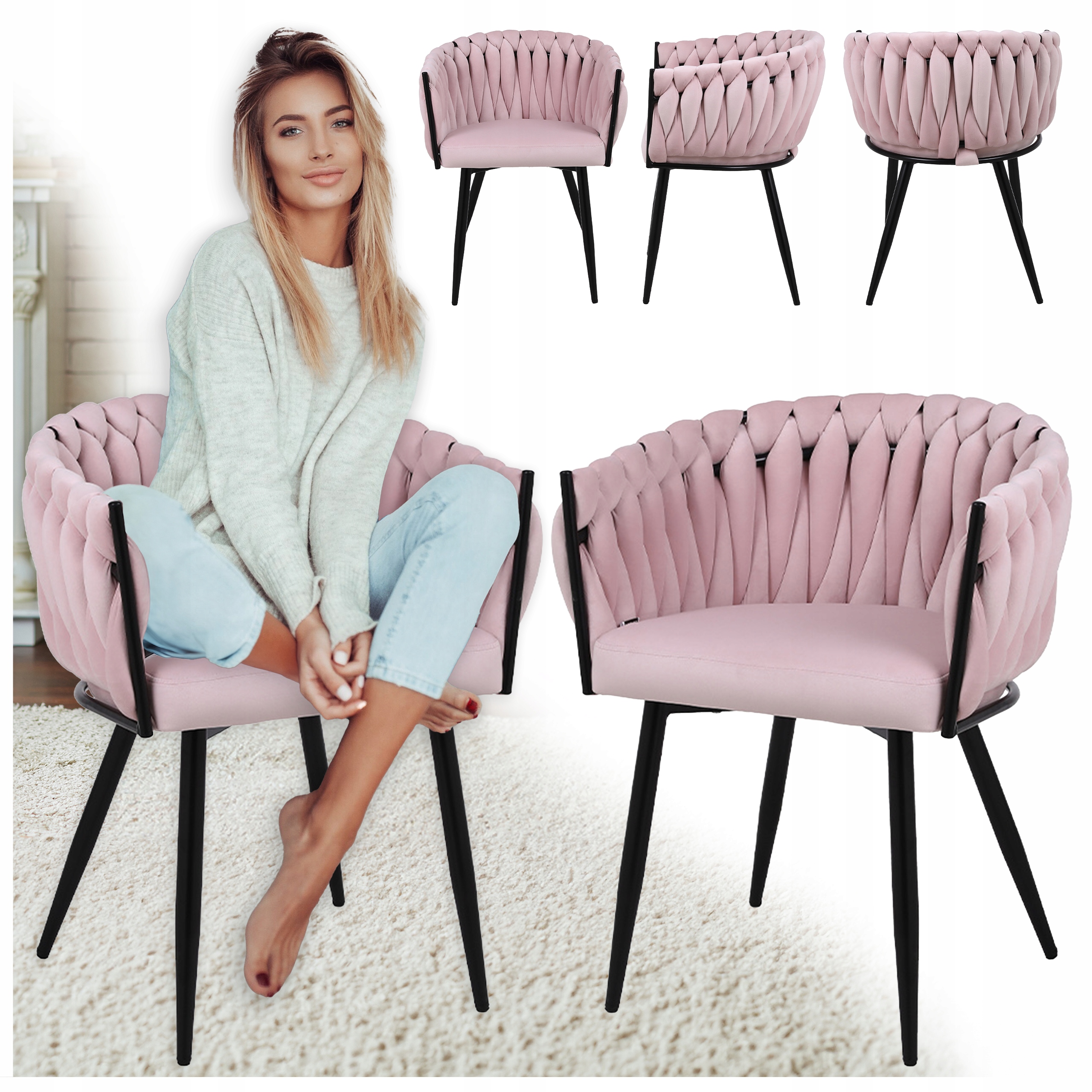 Krzesło Plecione Welurowe Velvet Do Jadalni Fotel Tapicerowany Czarne Nogi