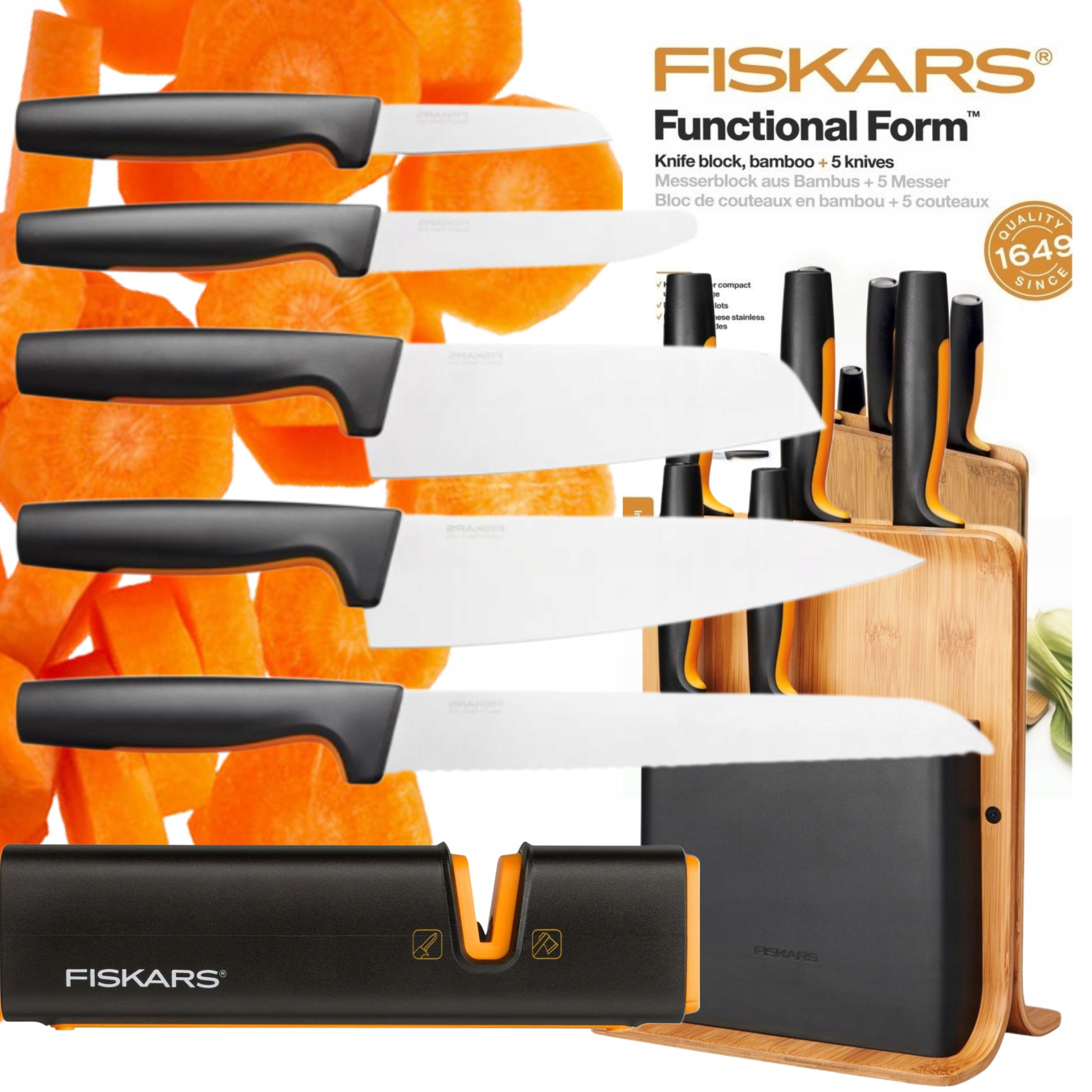 Sada 5 Nožov V Bambusovom Bloku Fiskars Ostré Pevné Stojan Brusný Kameň