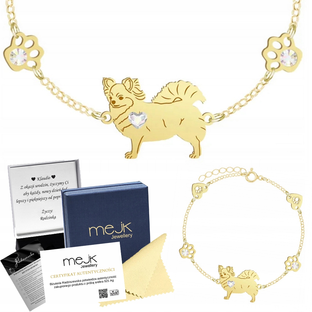 Zlatý náramek s psem Chihuahua 925 Šperky Gravírování Bonus