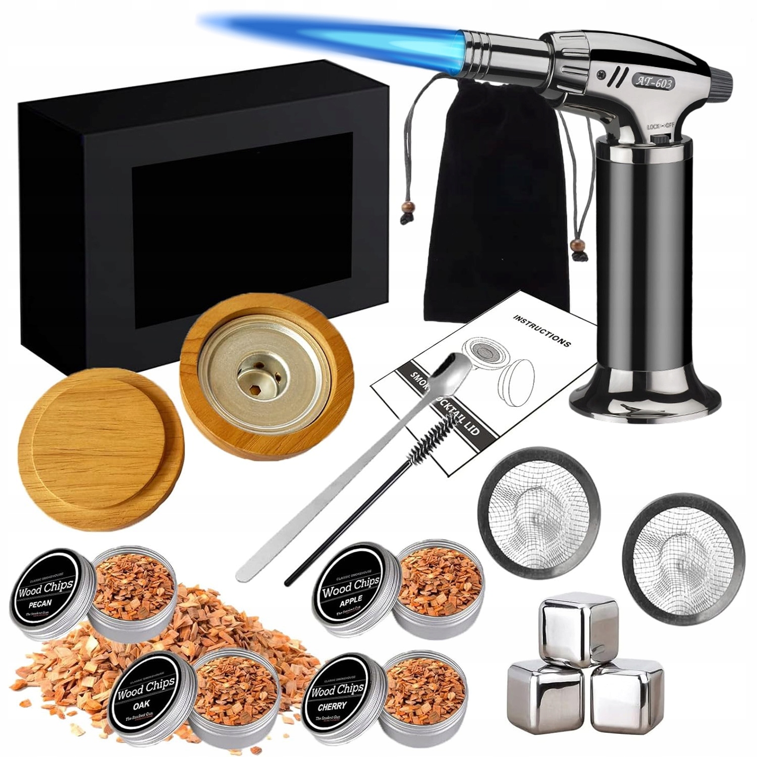 Sada Na Uzení Whisky Smoker Gadget Dárek 8 Plechovek Dřevěných Třísek