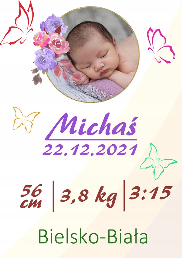 METRYCZKA pamiątka narodzin ze zdjęciem dziecka w antyramie
