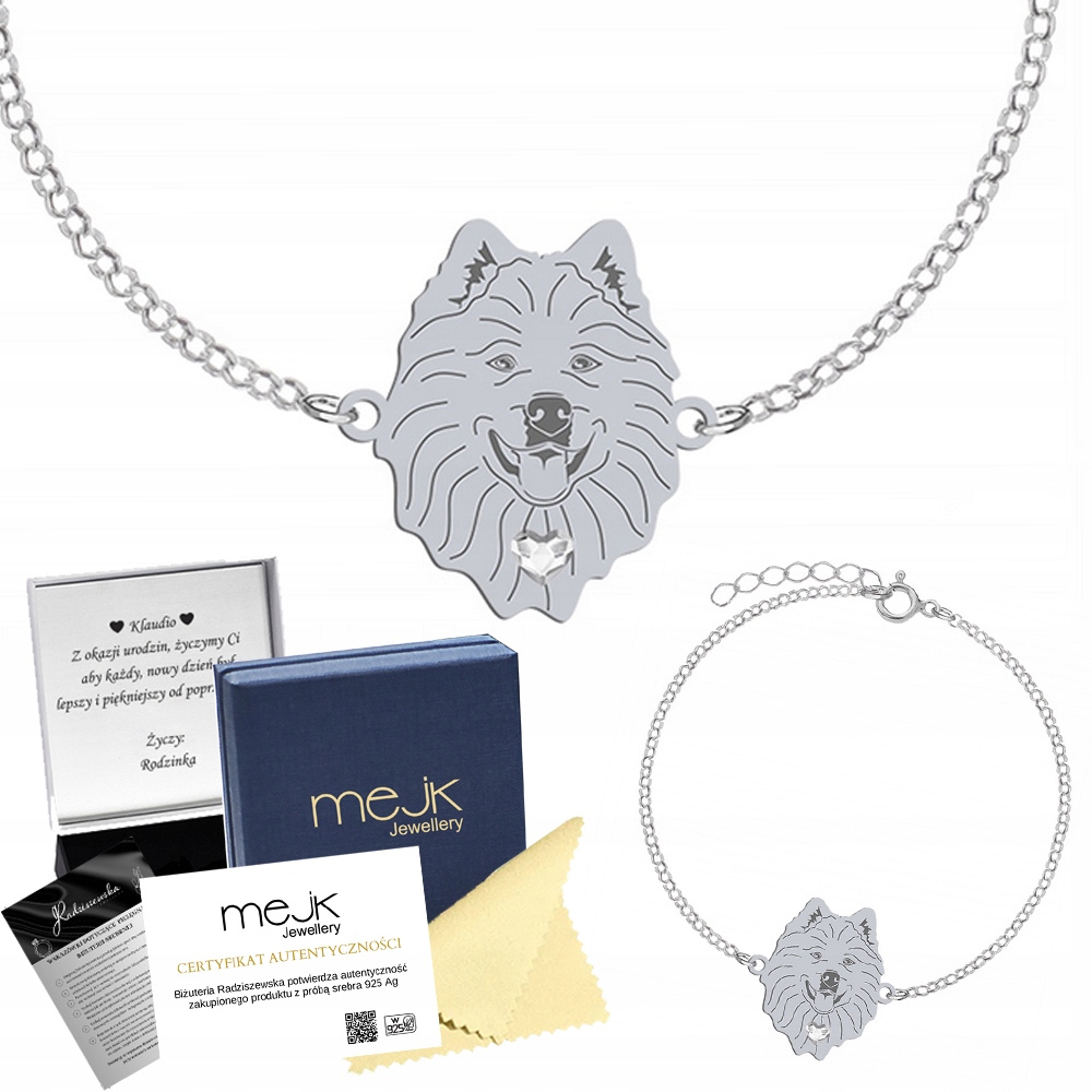 Stříbrný náramek se psem Samoyed 925 Dárek Řetízek Šperky Gravírování