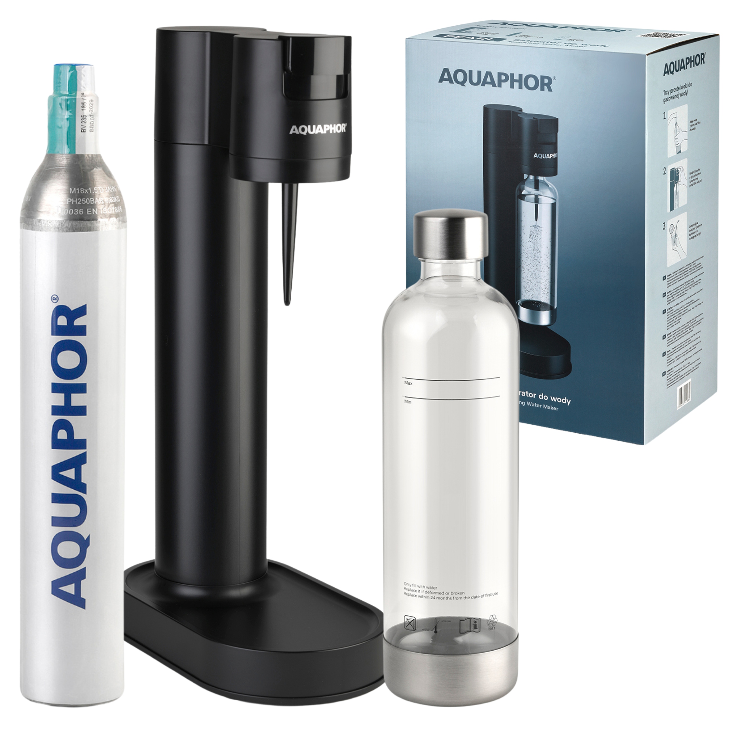 Saturátor Aquaphor Pearl na plynovanie vody čierny fľaša fľaša s plynom