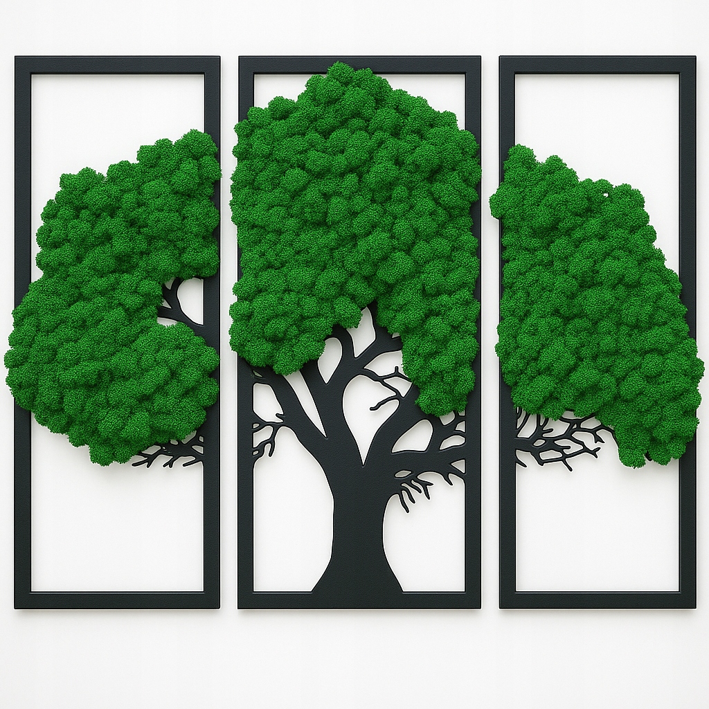 Triptych Drevo 105 cm severský lišajník Dekorácia S Machom Chrobotkom, rodina