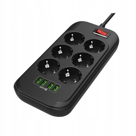 ColorWay Power socket 6 euro sockets/4 Usb, Black,