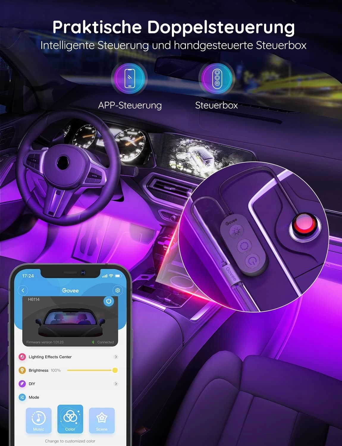 OŚWIETLENIE WEWNĘTRZNE DO SAMOCHODU LED WIELOKOLOROWE STEROWANIE APLIKACJĄ Stan opakowania oryginalne