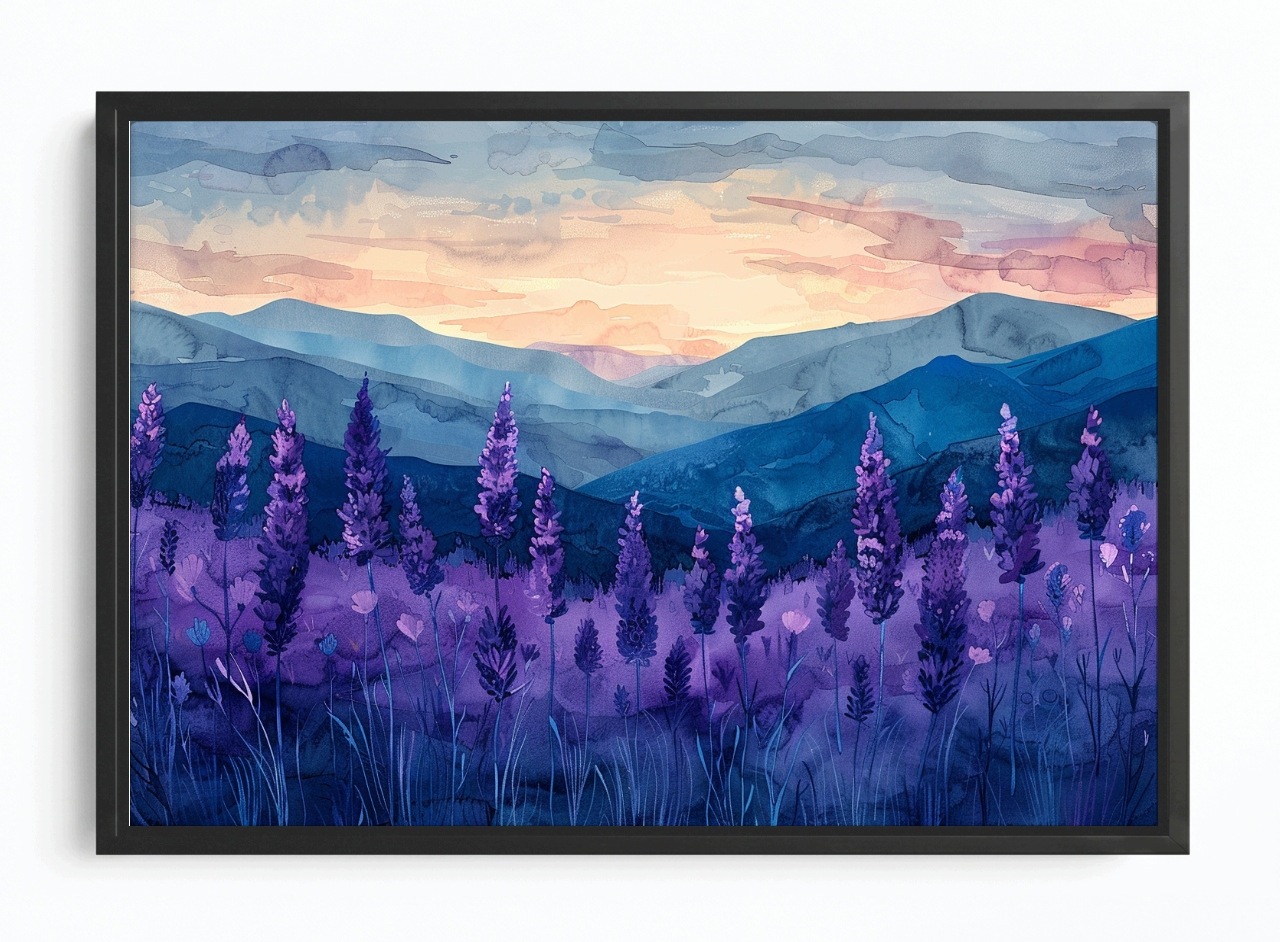 Obraz Rám Americký Box Levandule Hory Západ Slunce Fialový Akvarel 60x40