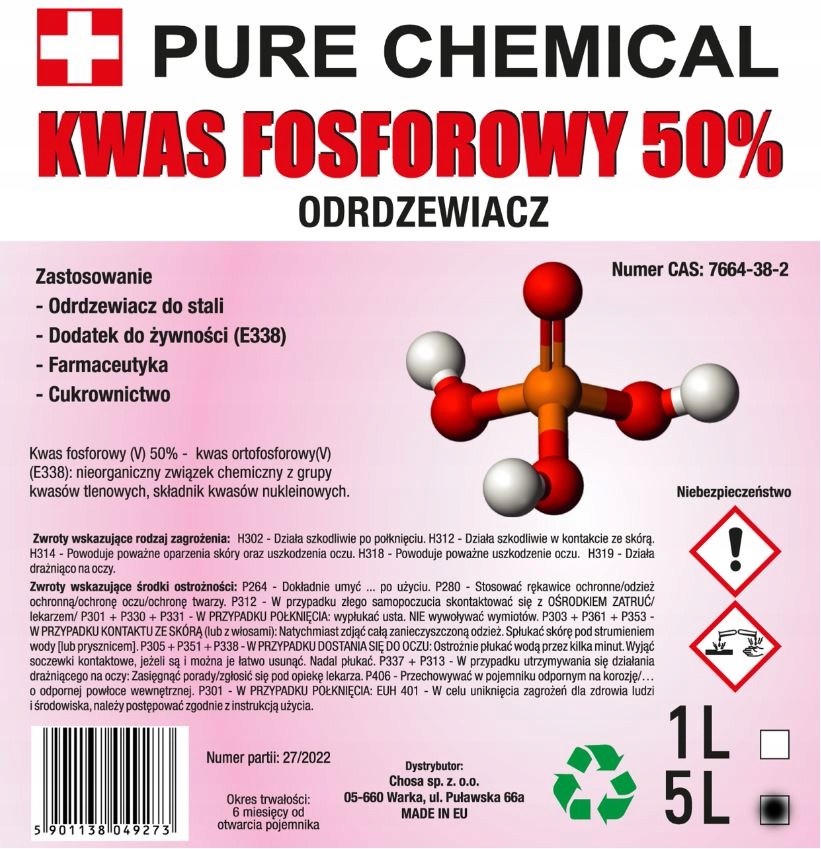 ODRDZEWIACZ DO STALII I ŻELIWA KWAS FOSFOROWY 5L 50% PURE CHEMICAL Producent Inny