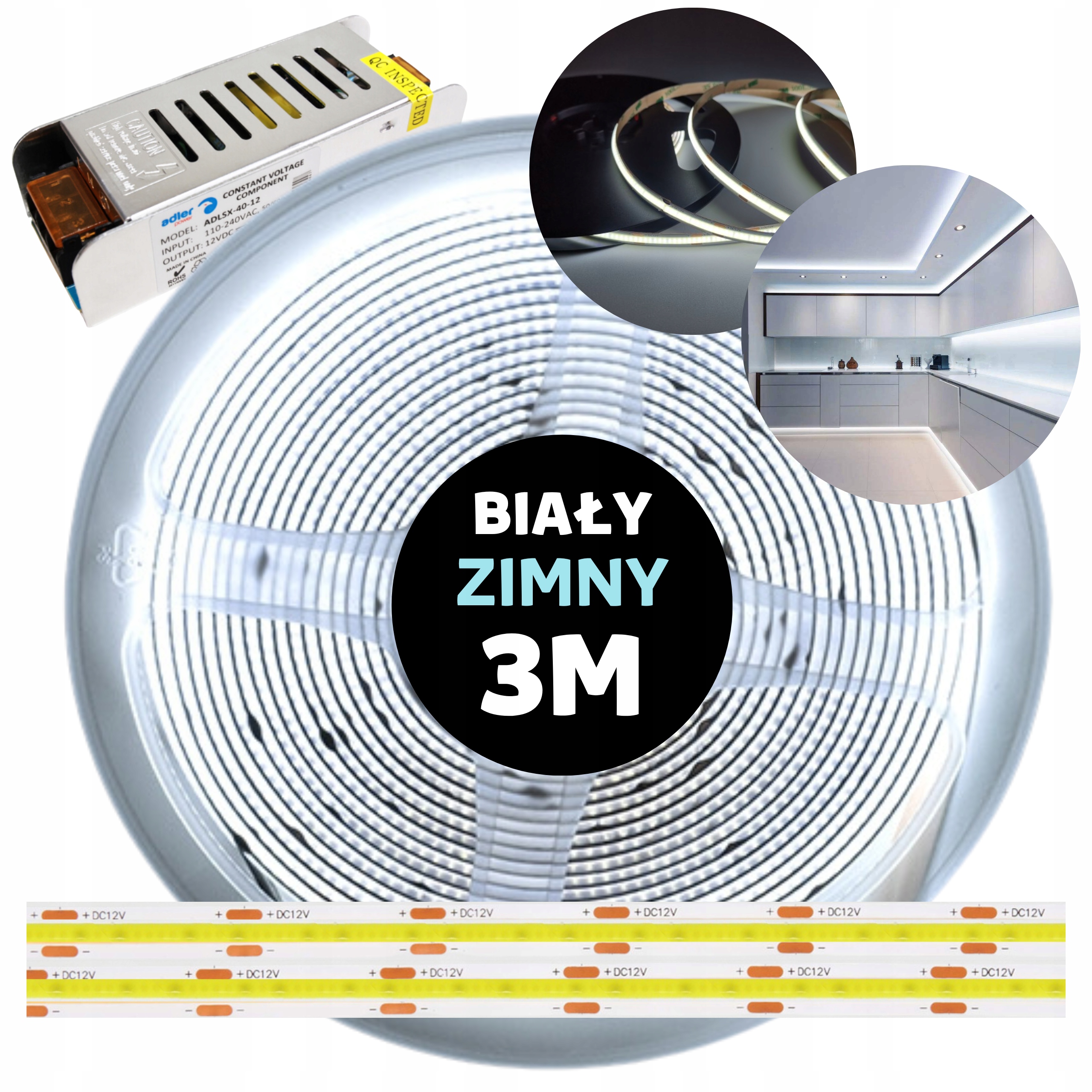 Pásek Led Cob kontinuální neonová linka s napájecím zdrojem bílý studený 12V 3M