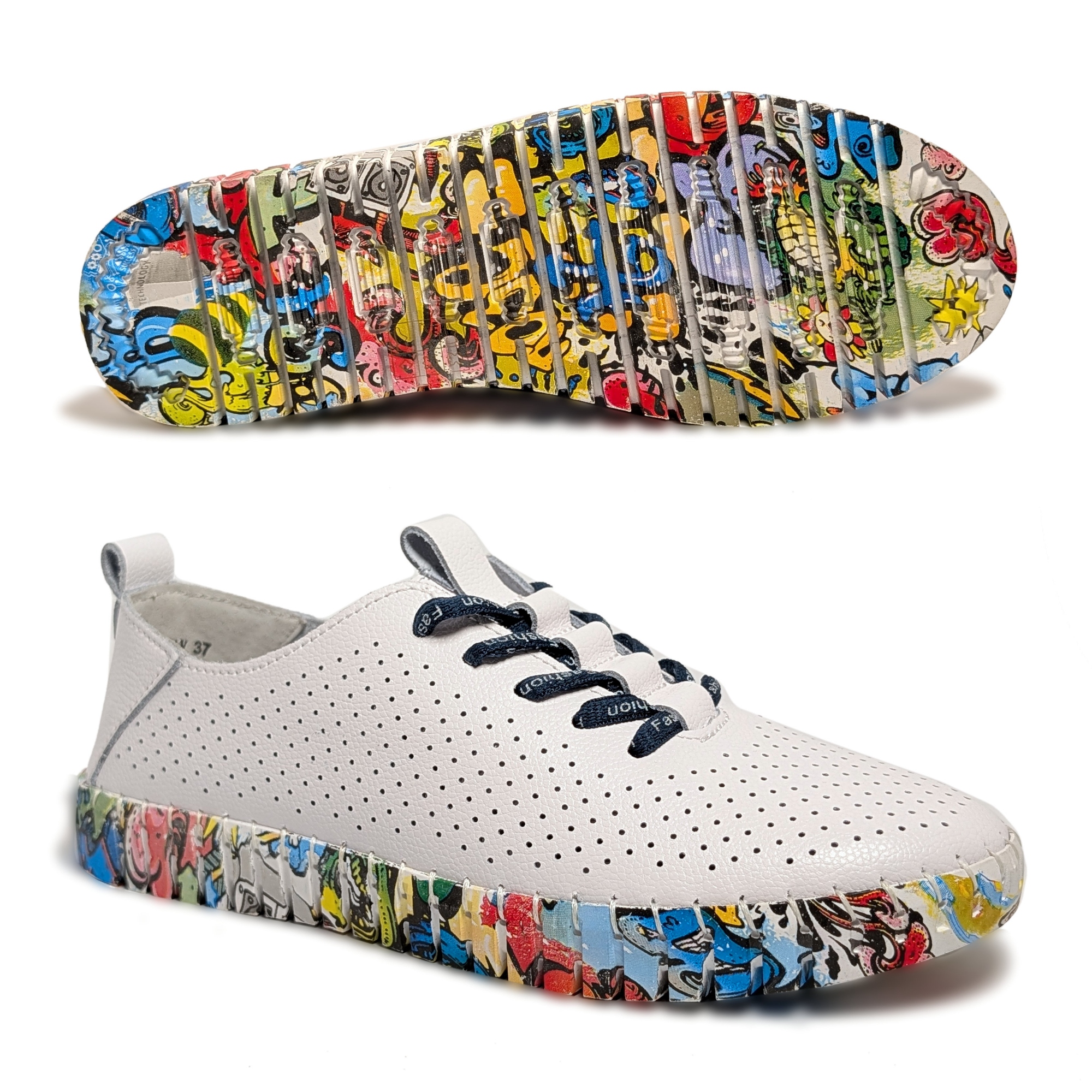 Białe sneakersy damskie Sokolski Skórzane Kolorowa Podeszwa Graffiti r38