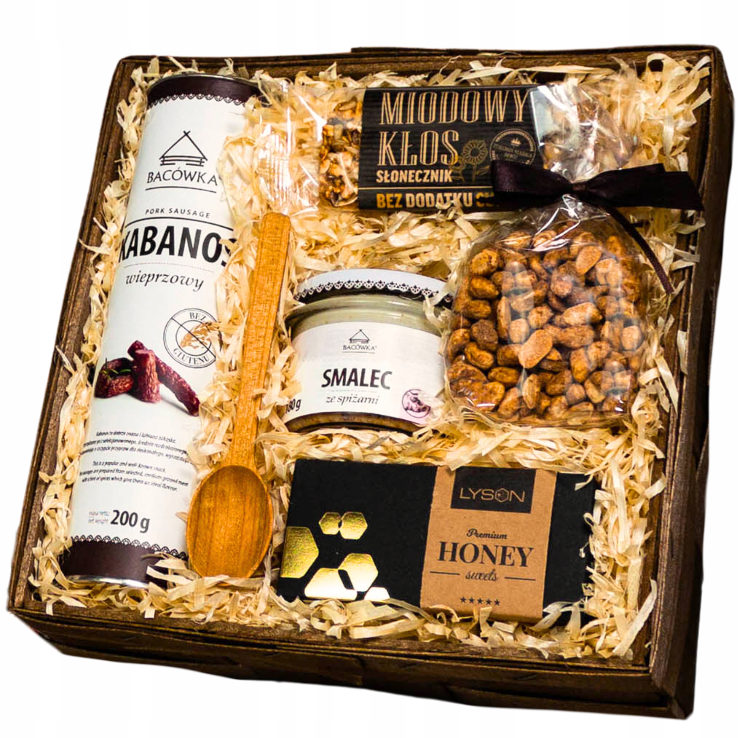 Eko Dárkový Koš s kabanosy a kravským sádlem a oříšky s medem