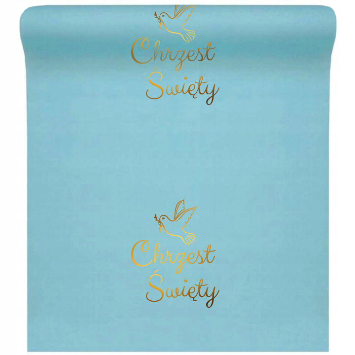 Bieżnik niebieski złoty napis Chrzest Święty gołąbek gołąb Obrus Chrzciny