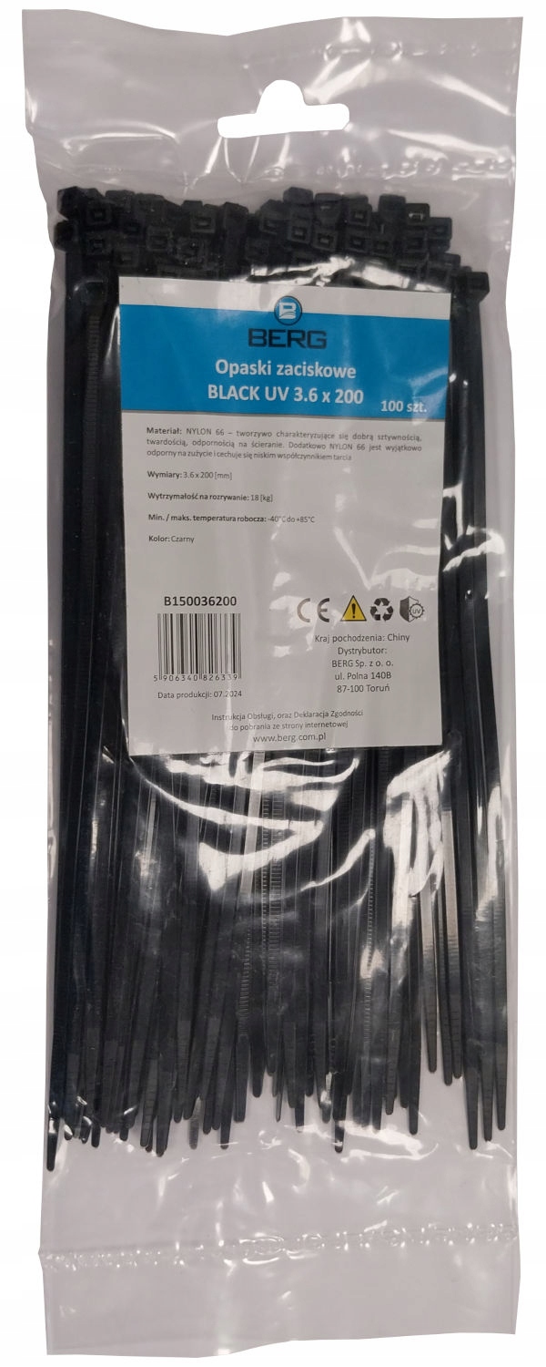 Opaski zaciskowe kablowe trytytki Berg 3.6x200mm Black Uv (100szt.) do 18kg
