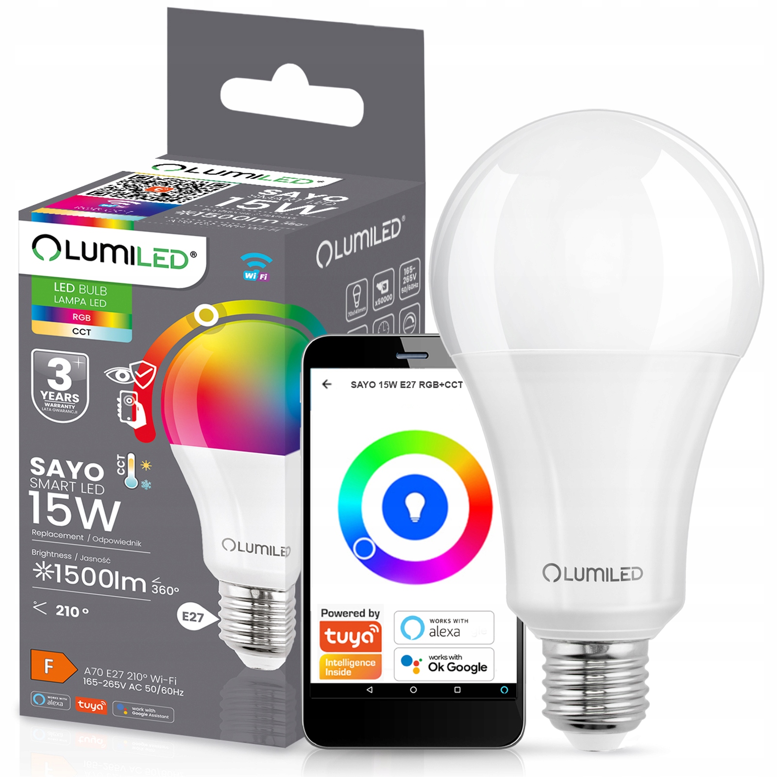 ŻARÓWKA LED E27 15W RGB CCT + BIAŁY WIFI TUYA SMART INTELIGENTNA APLIKACJA