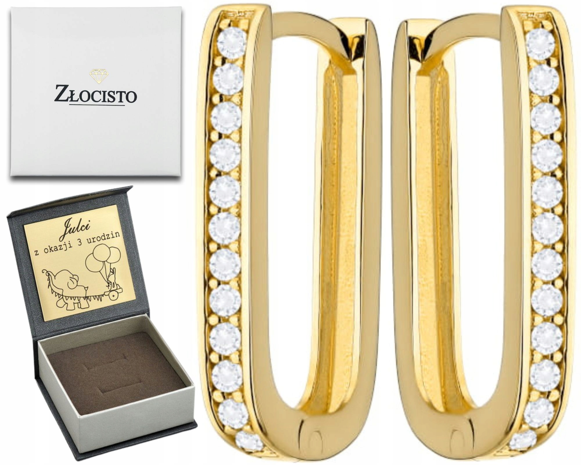 Zlaté Náušnice Obdélníkové Se Zirkony 585 Gravírování
