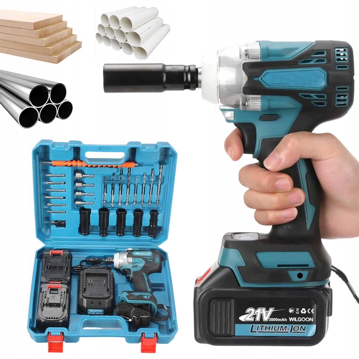 Elektrický Klíč 300 Nm 21 V S Akumulátorem 2×3000 Mah A Sadou Koncovek