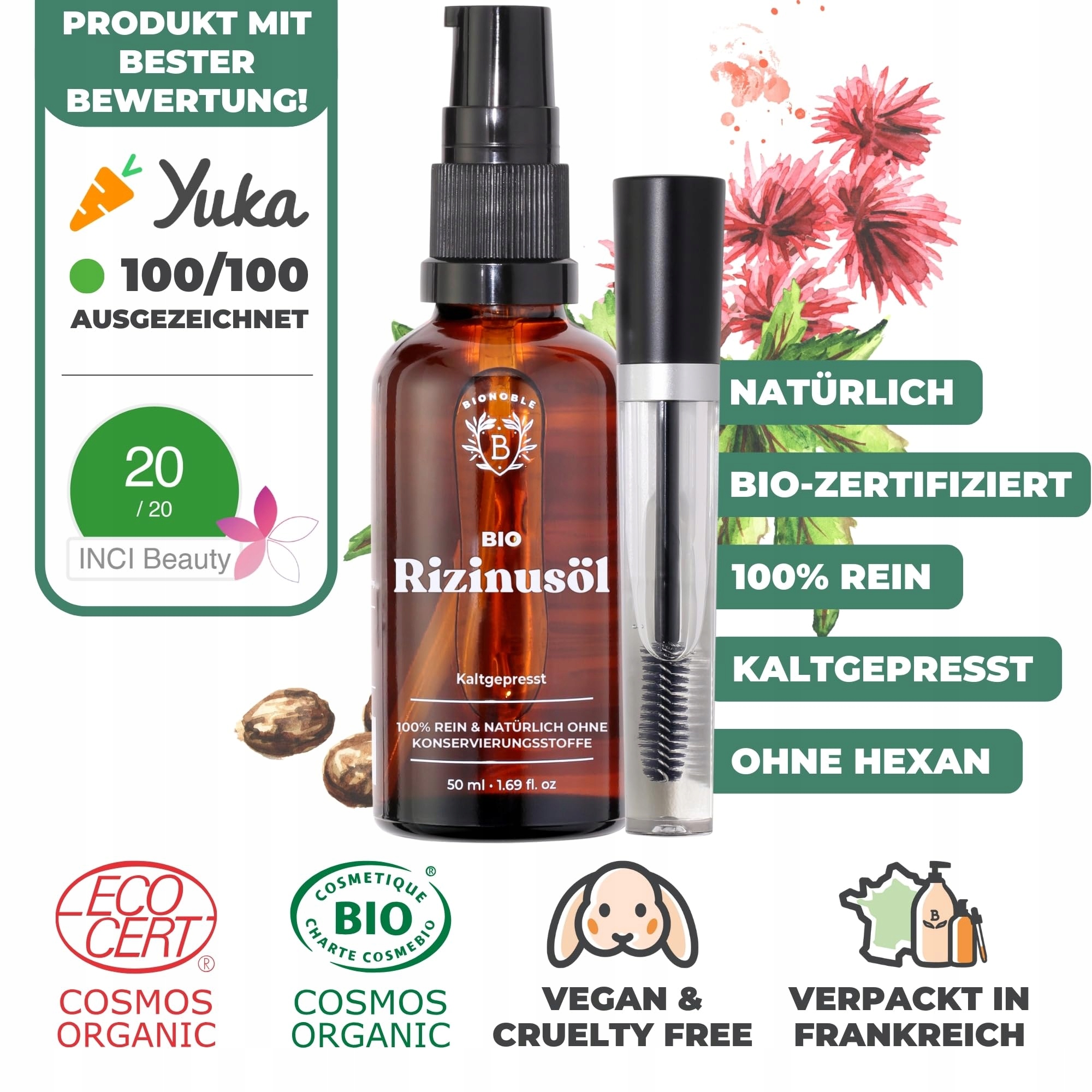 BIONOBLE Olej Rycynowy Bio 50ml Naturalny Do Włosów Rzęs Brwi Paznokci — miniatura 2
