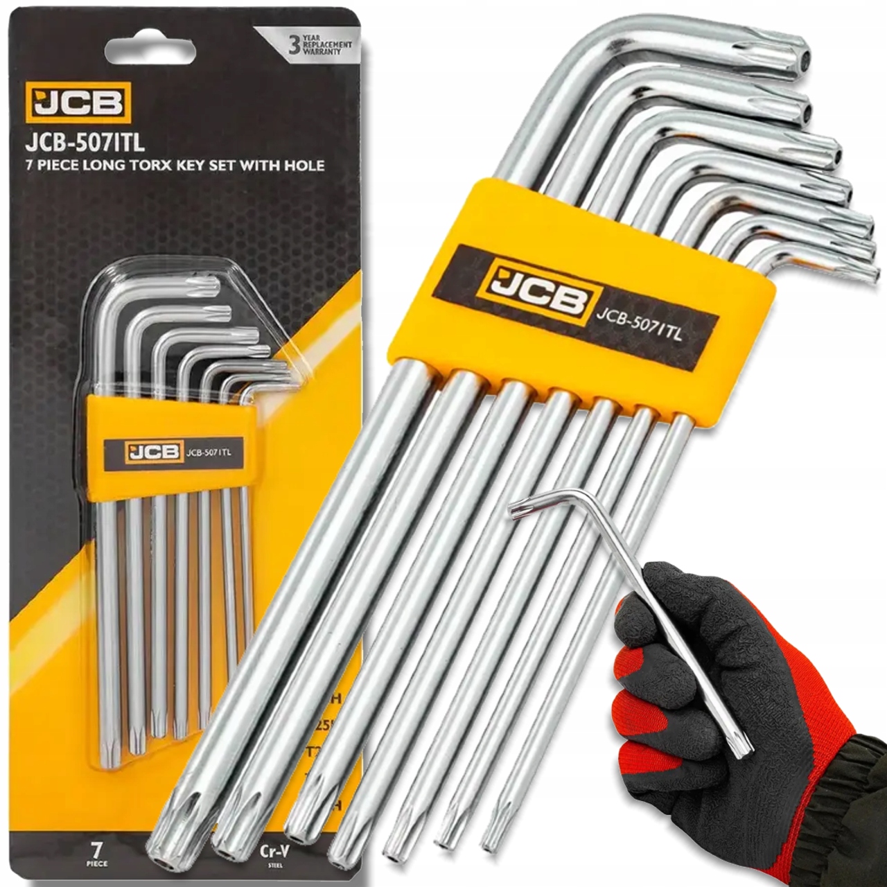 Zestaw kluczy Torx długich z otworem T10H-T40H typu L Cr-V 7 el. Jcb