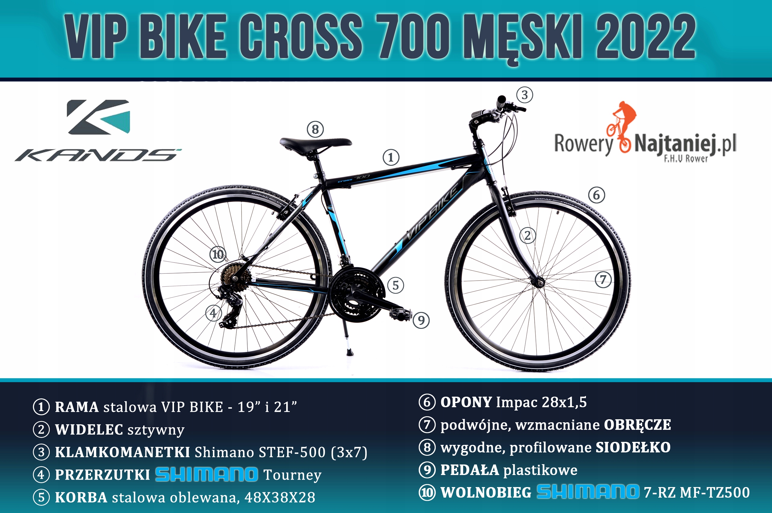 ROWER MĘSKI VIP BIKE CROSS 700 SZT M19 czar-nieb Skok amortyzatora 50 mm