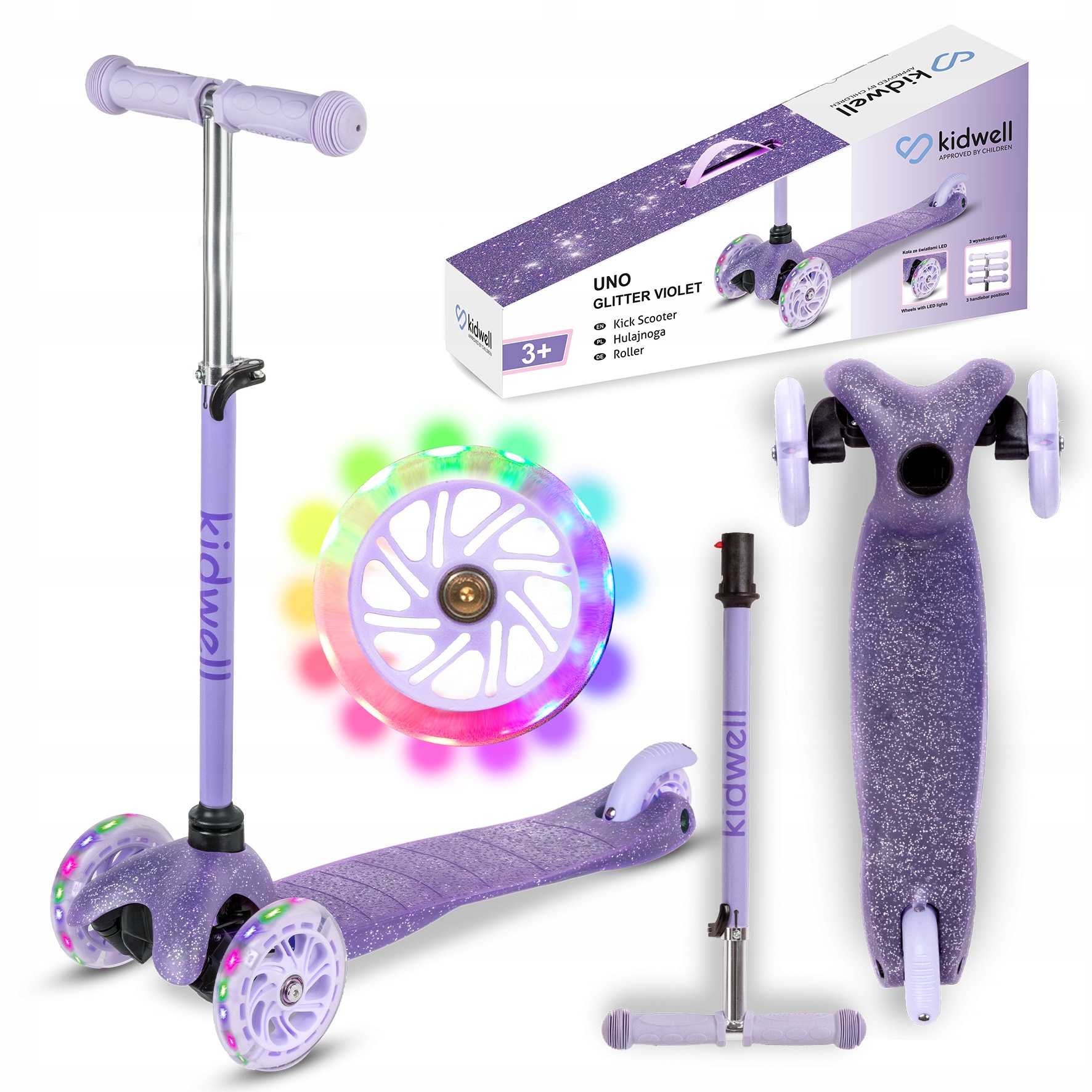 Kidwell Hulajnoga balansowa Uno dla dzieci brokat trójkołowa Led Violet 3+