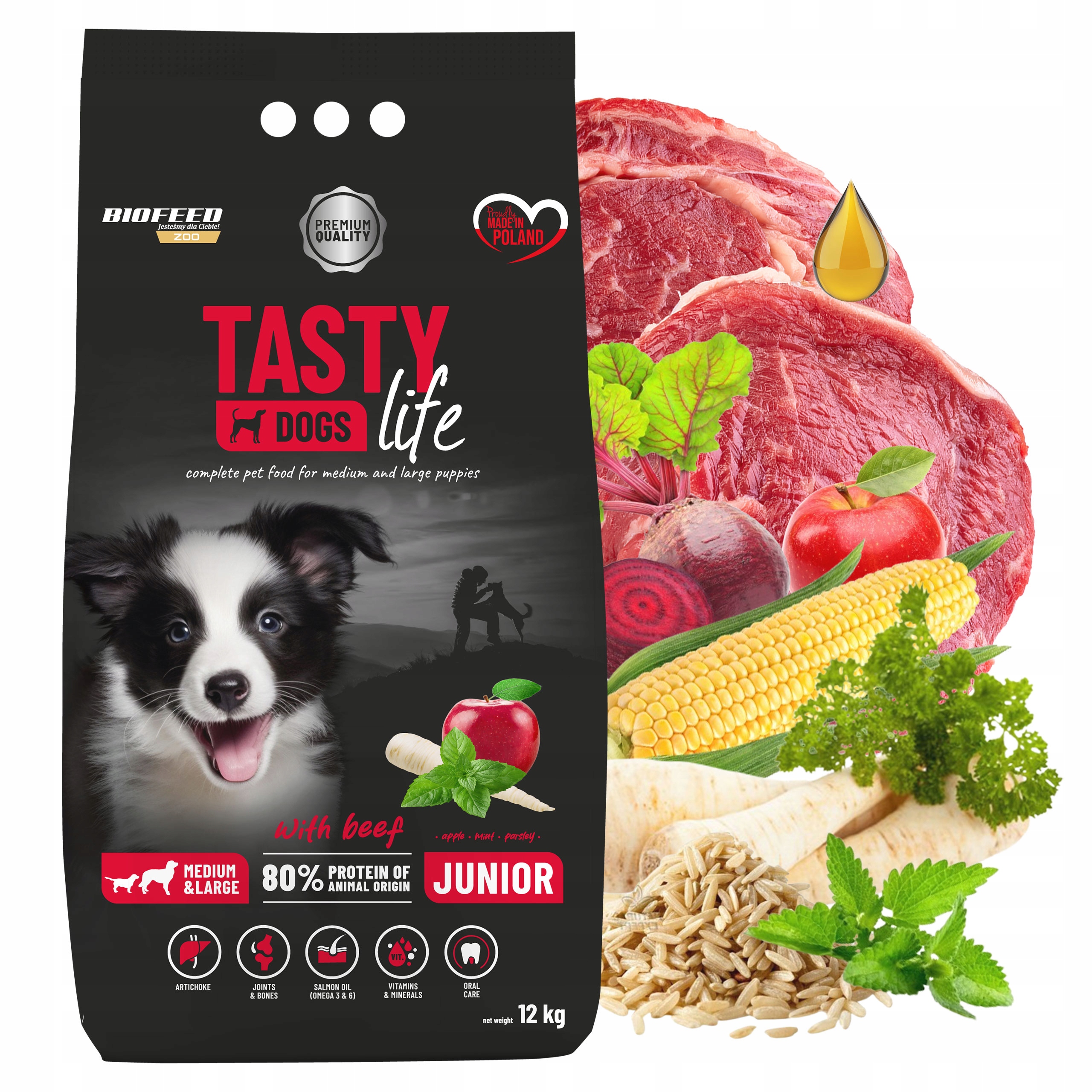Biofeed Tasty Life Junior Medium Large Hovězí krmivo pro psy suché 12 kg