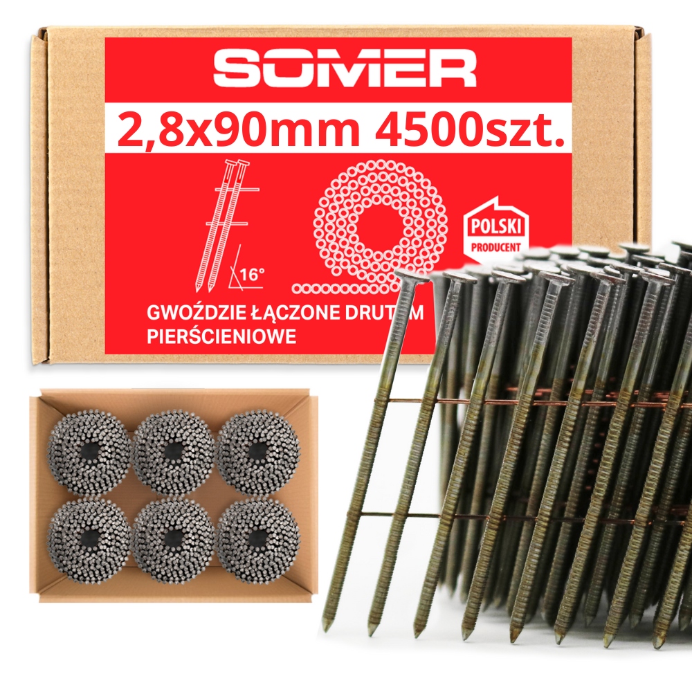 Hřebíky do hřebíkovačky spojené drátem 2,8/90 Kroužkové 4500ks bubnové