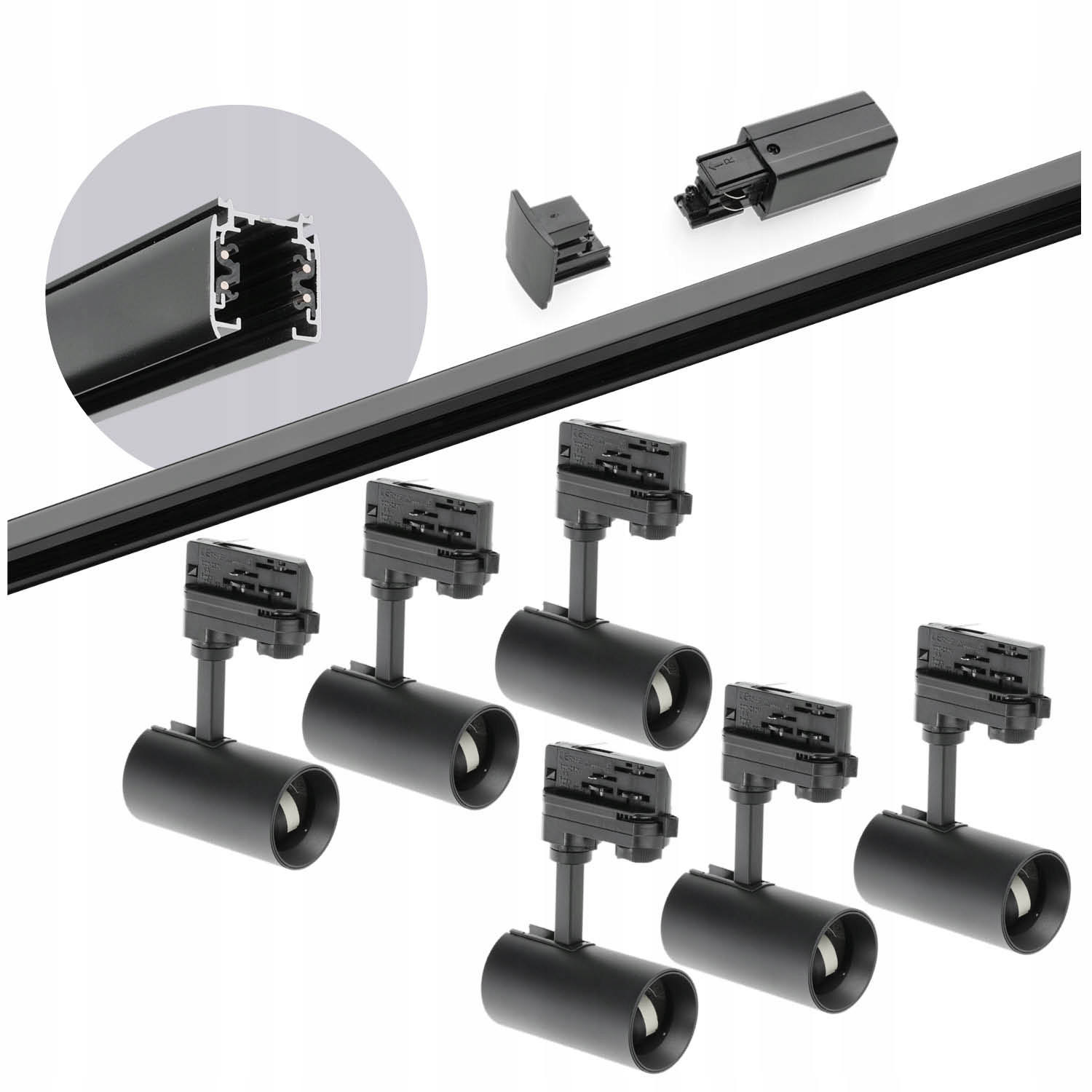 3-fázová koľajnicová súprava 2 m, 6 x lampa Čierna, kompletná sada
