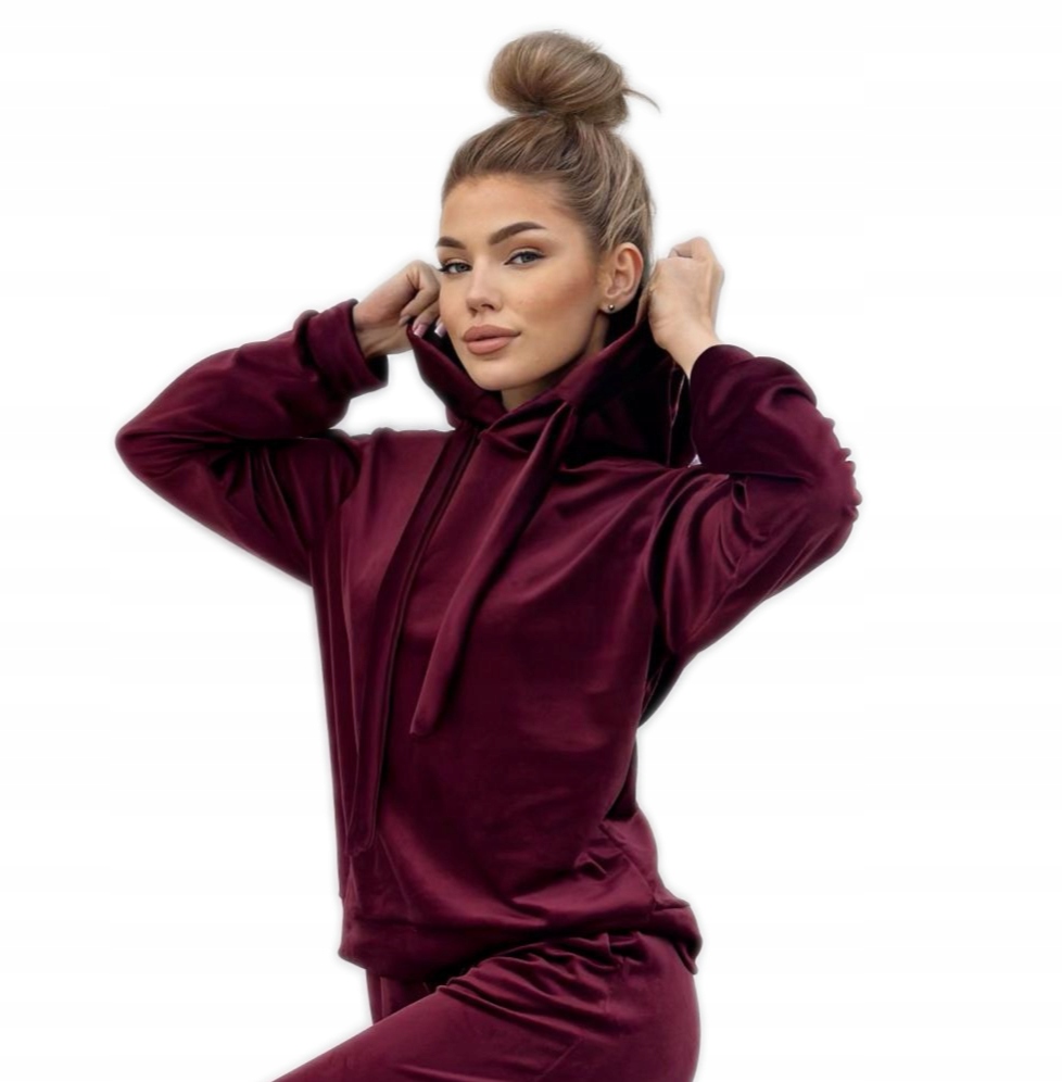 Piękny Komplet dresowy dresy damskie welurowe bluza z kapturem burgund 3XL
